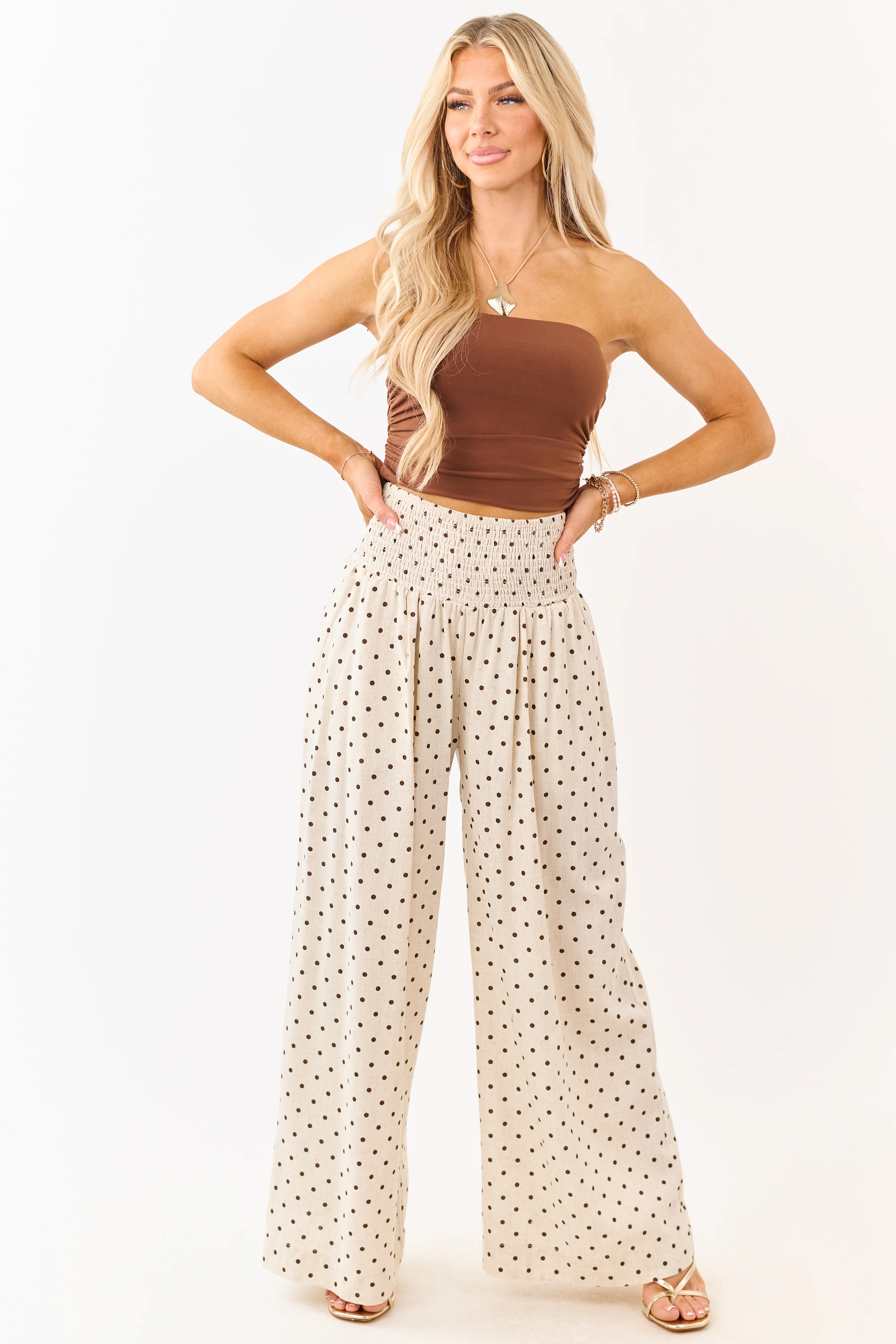 Almond and Cocoa Polka Dot Smocked Waist Pants - Image 5