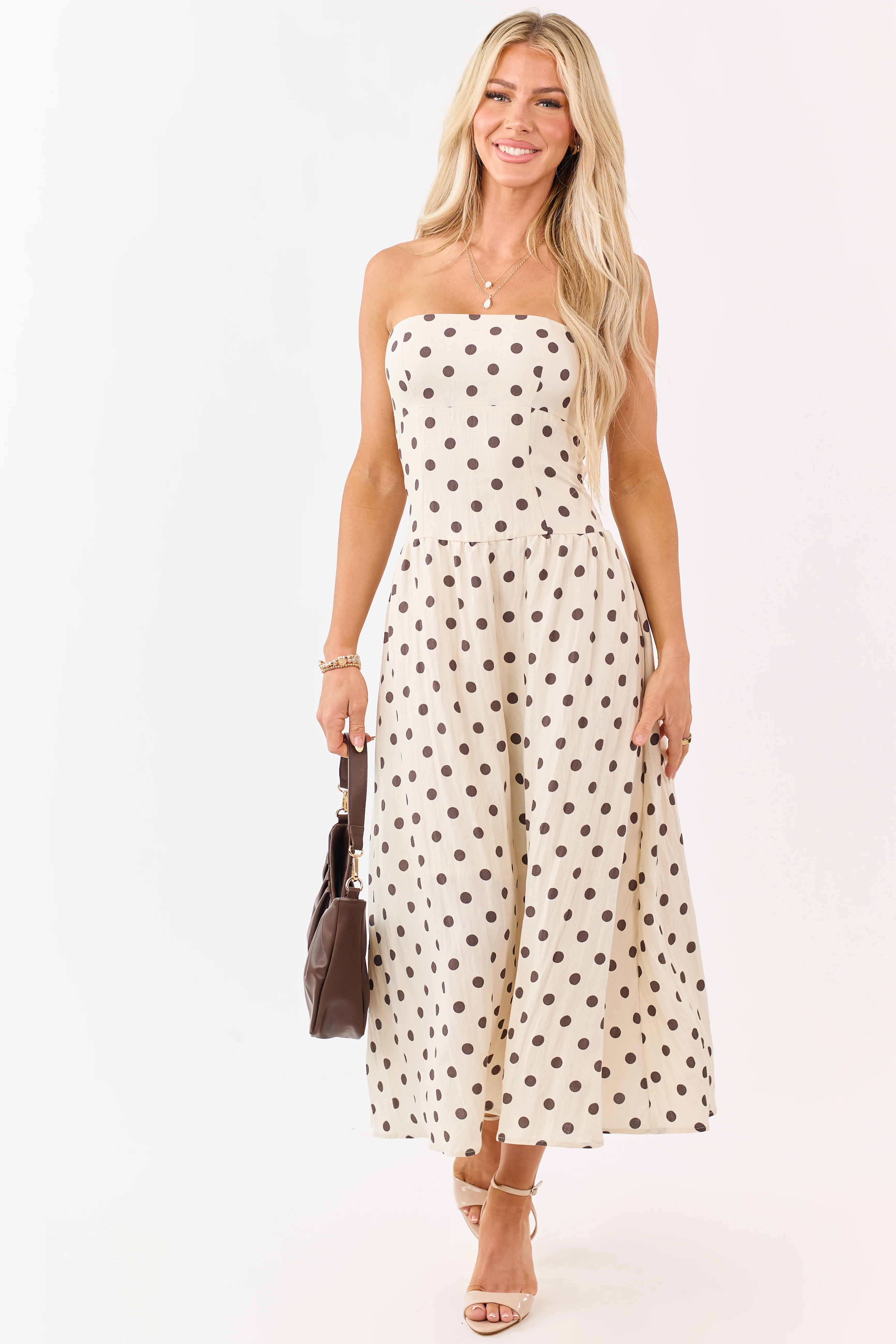 Almond and Cocoa Polka Dot Strapless Midi Dress
