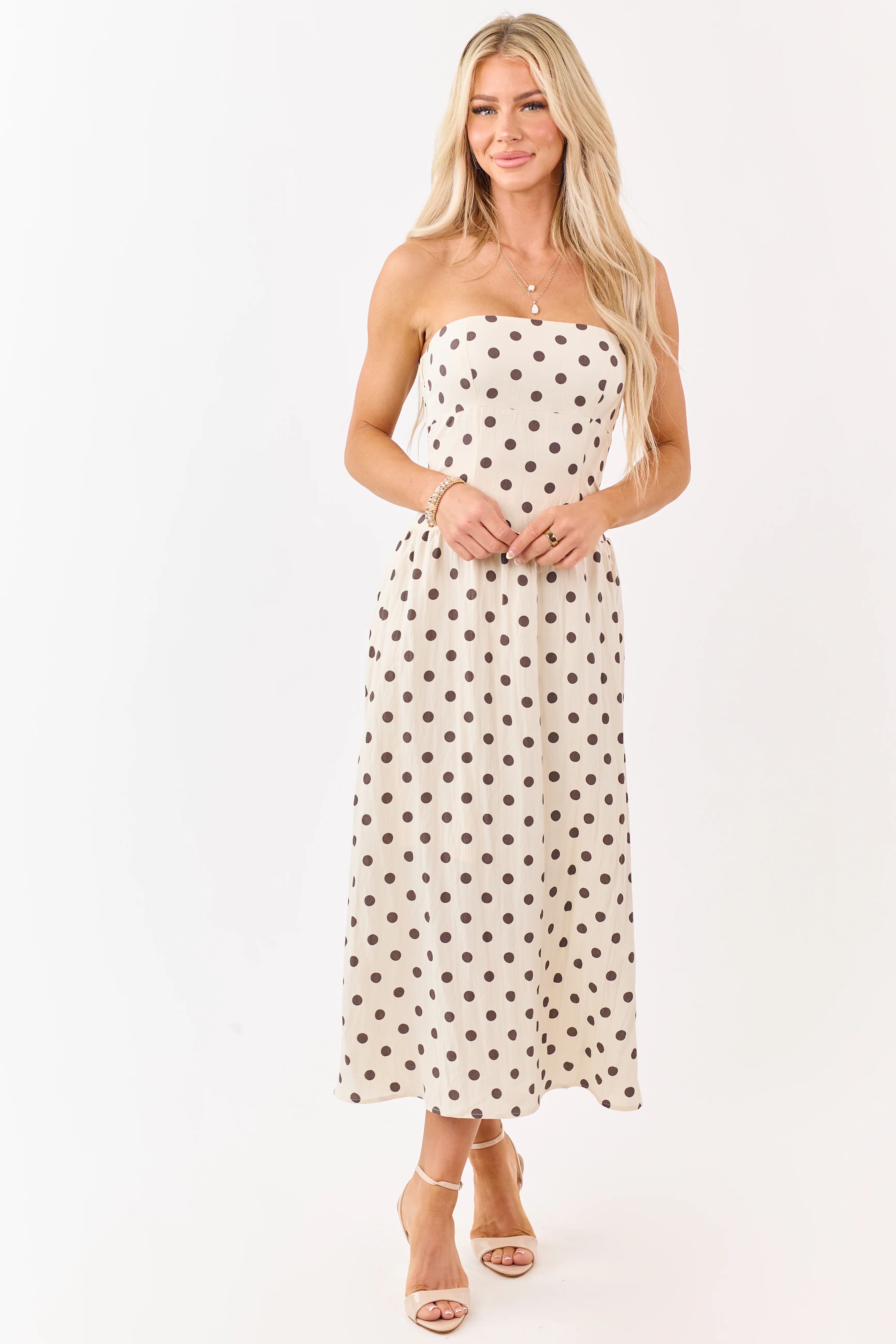 Almond and Cocoa Polka Dot Strapless Midi Dress - Image 3