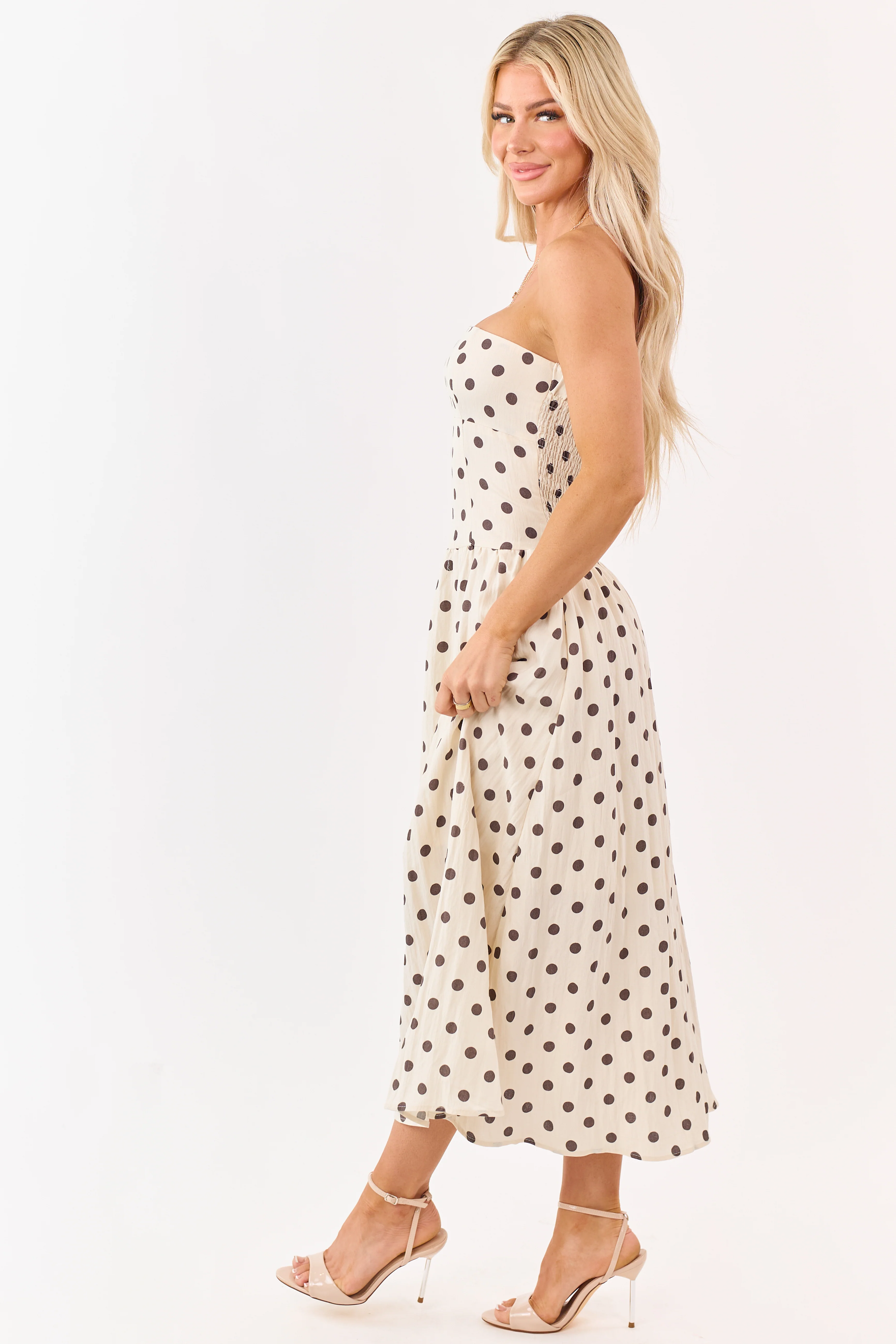Almond and Cocoa Polka Dot Strapless Midi Dress - Image 4