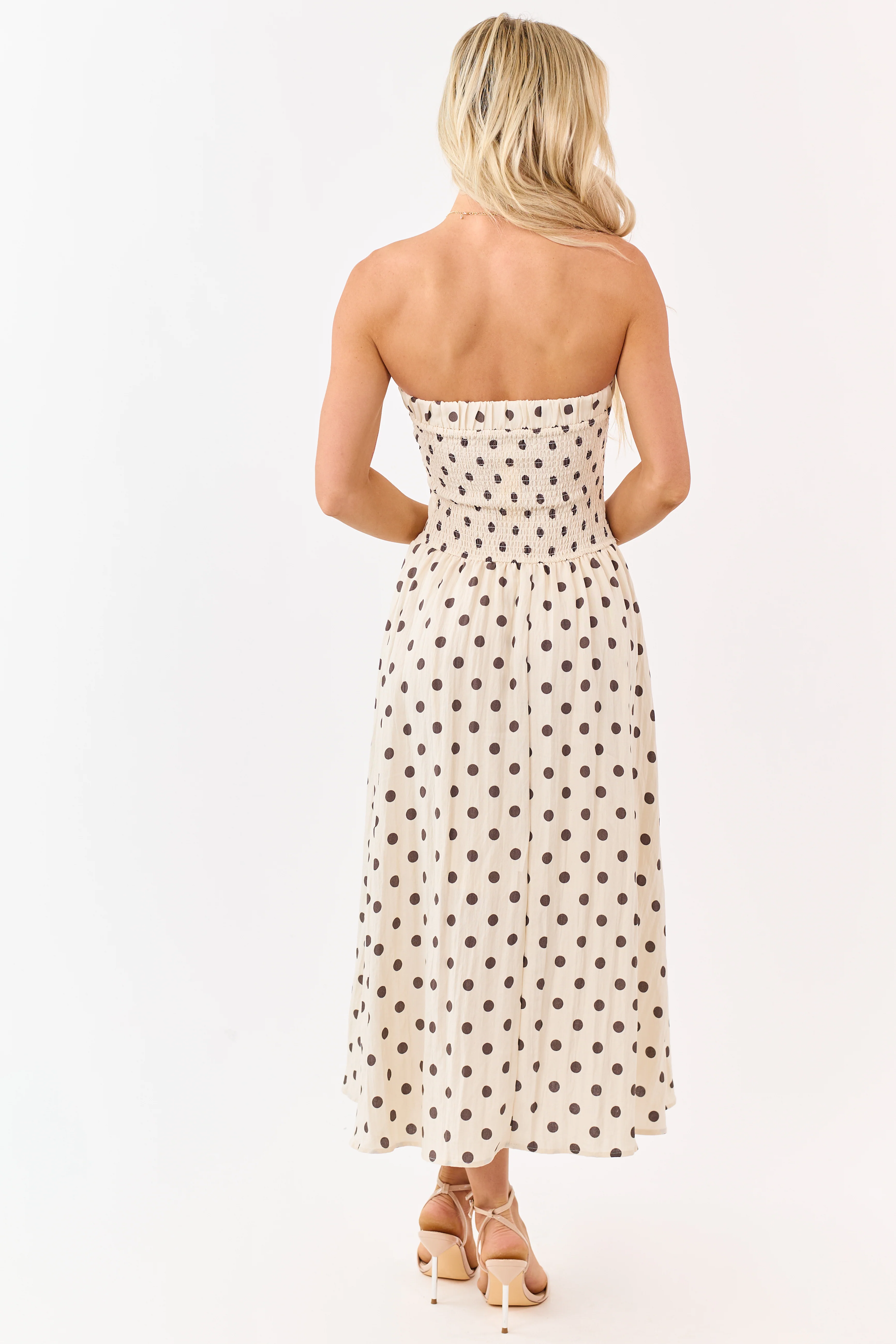 Almond and Cocoa Polka Dot Strapless Midi Dress - Image 5