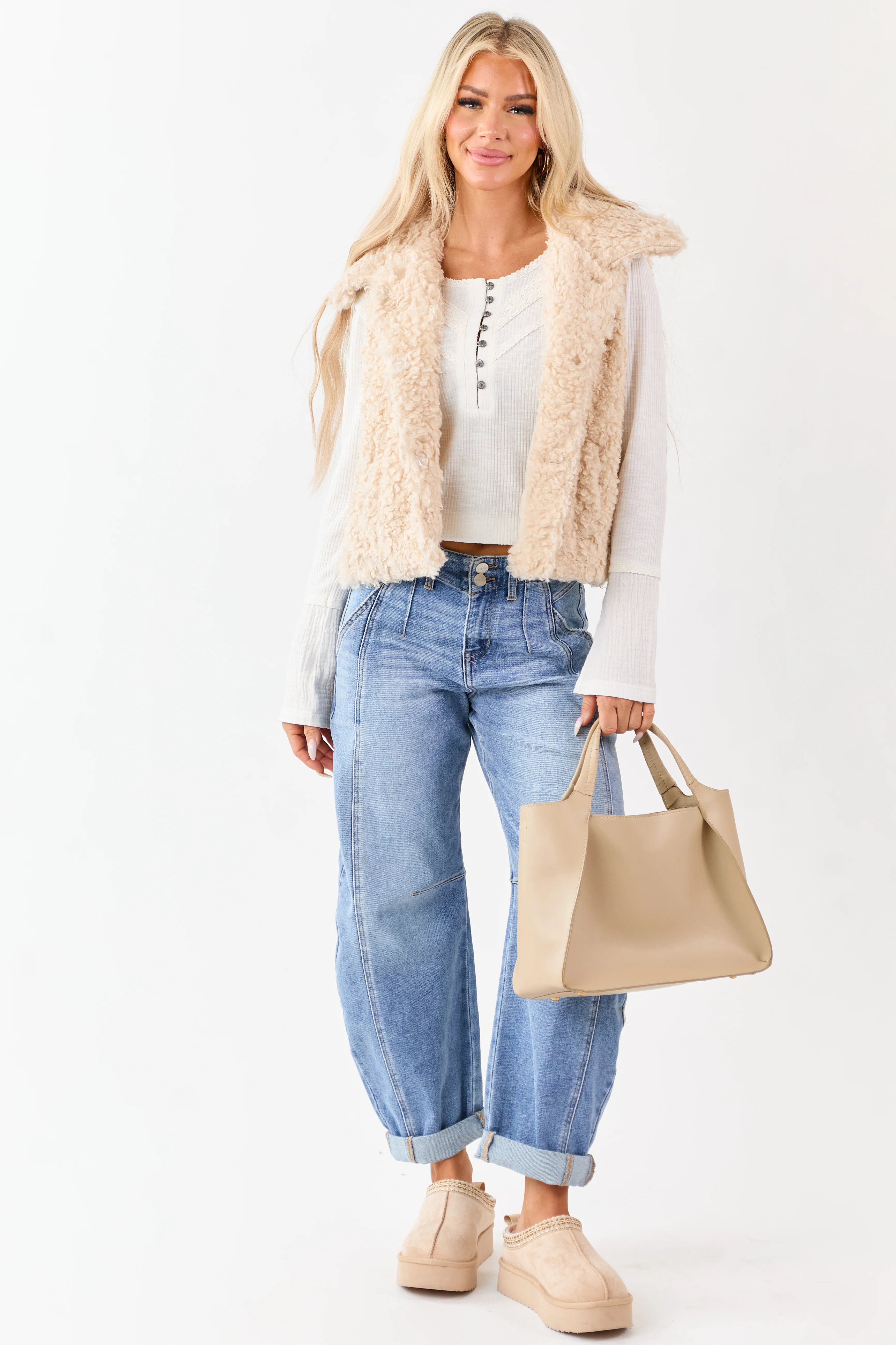 Almond Curly Sherpa Hidden Button Down Vest - Image 3