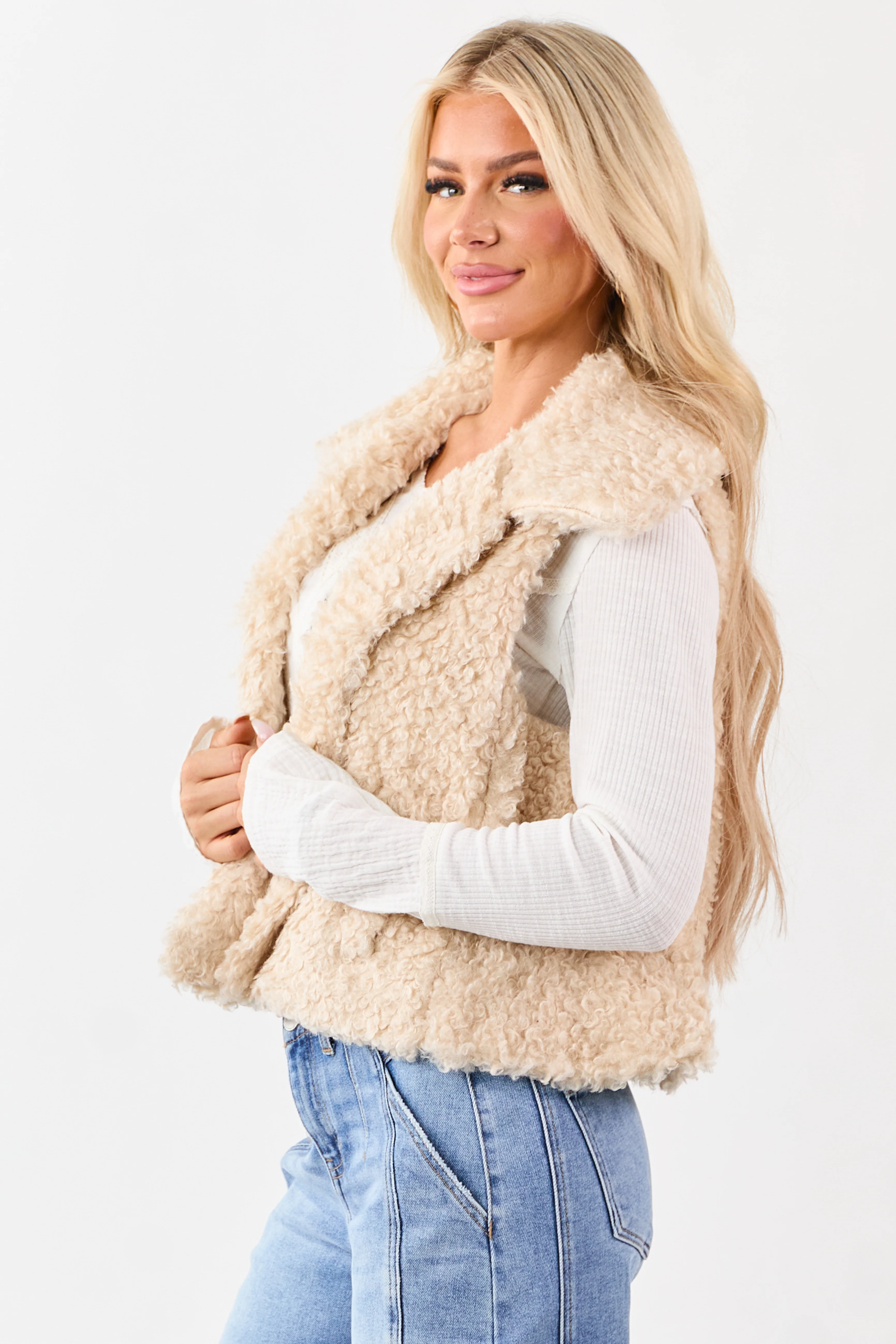 Almond Curly Sherpa Hidden Button Down Vest - Image 4