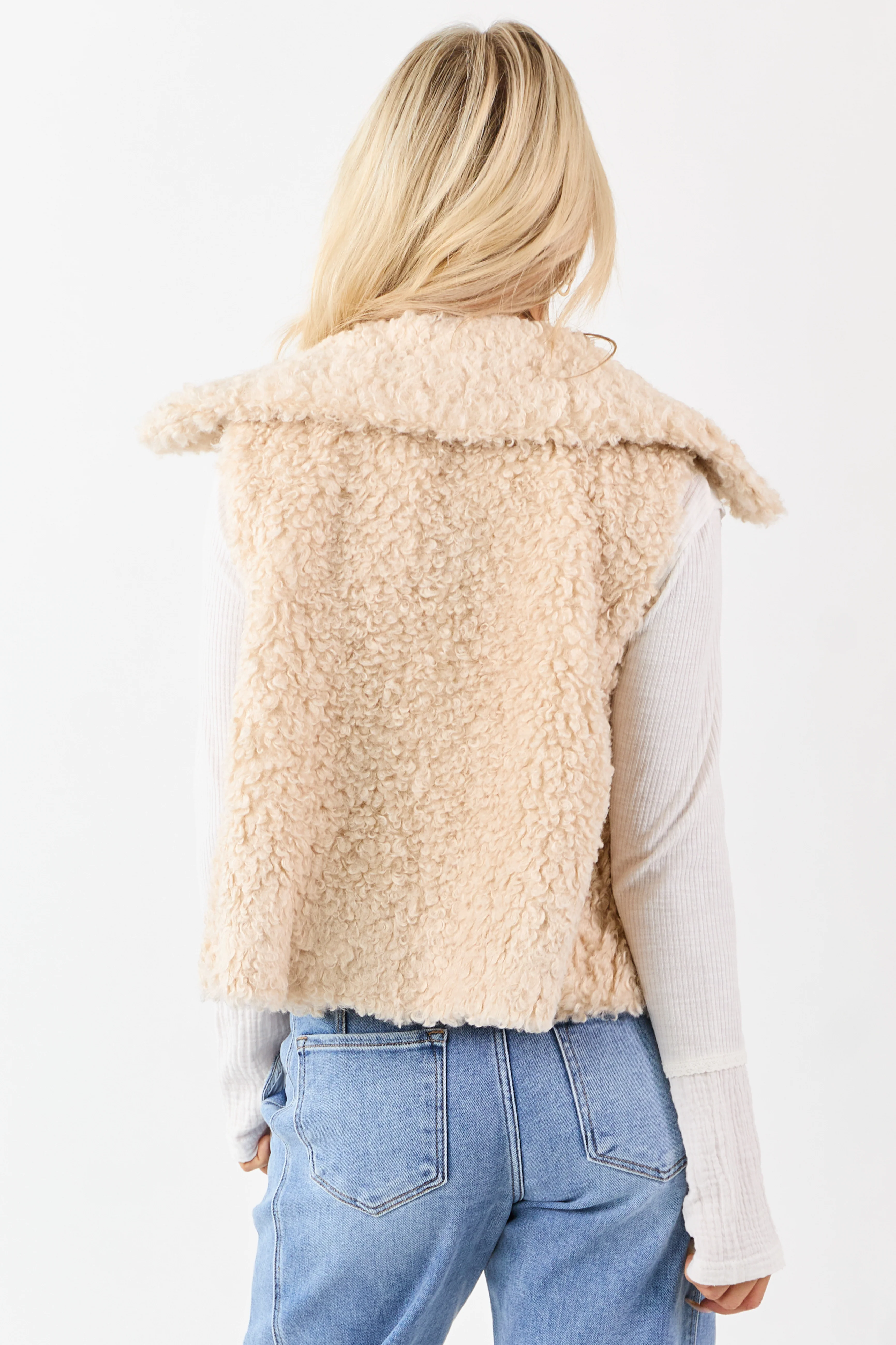 Almond Curly Sherpa Hidden Button Down Vest - Image 5