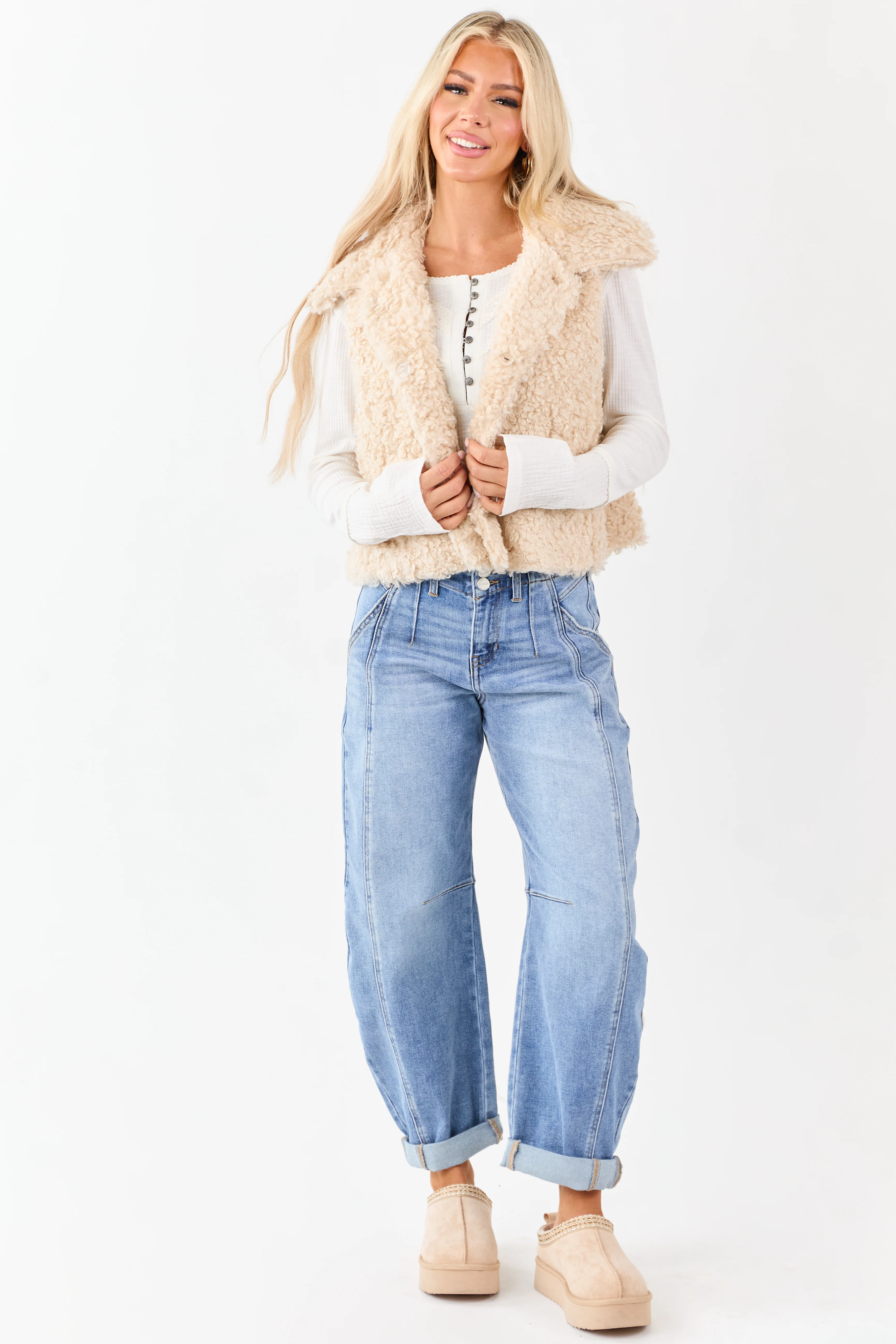 Almond Curly Sherpa Hidden Button Down Vest - Image 6