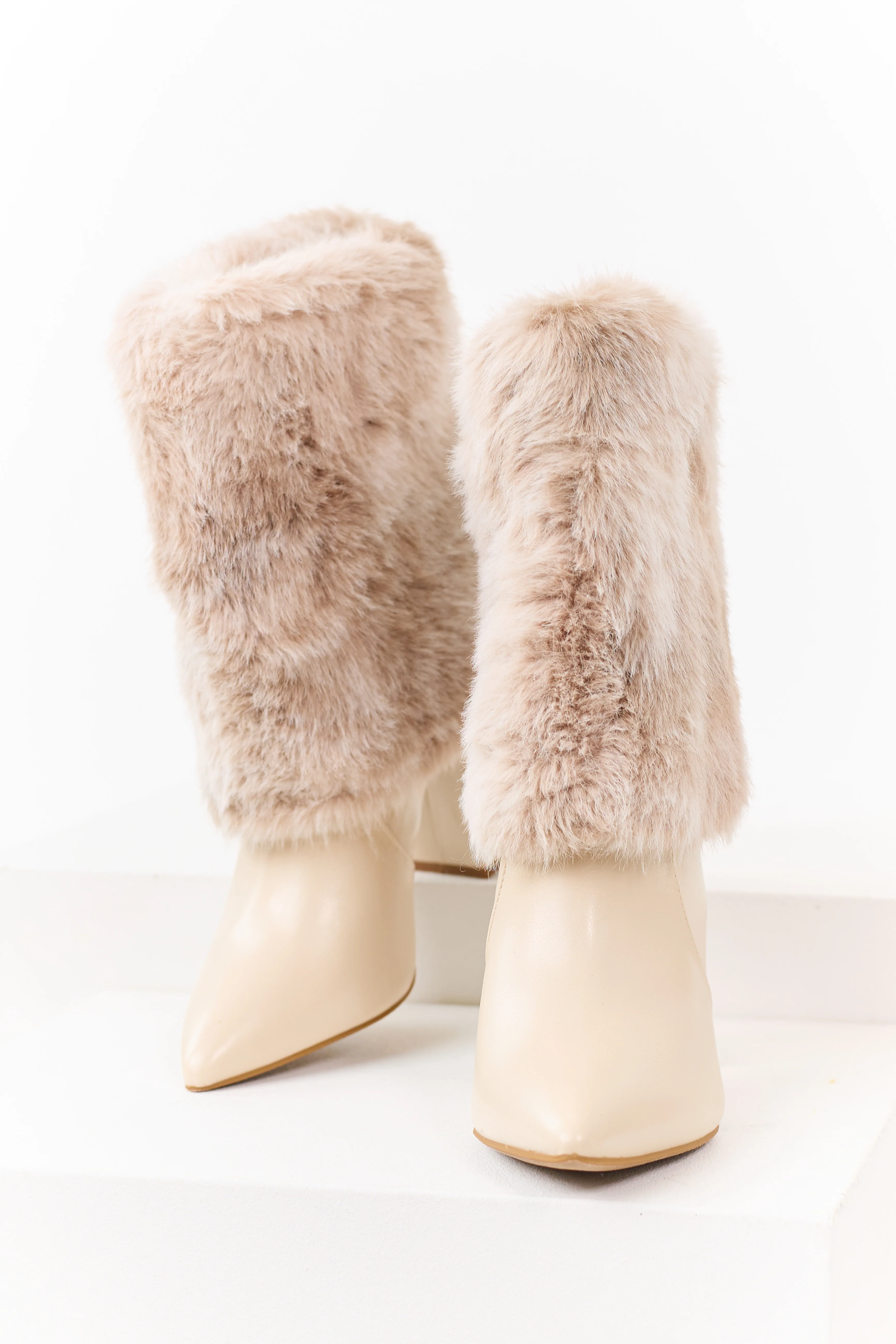 Almond Faux Fur Overlay Faux Leather Heel Booties - Image 2