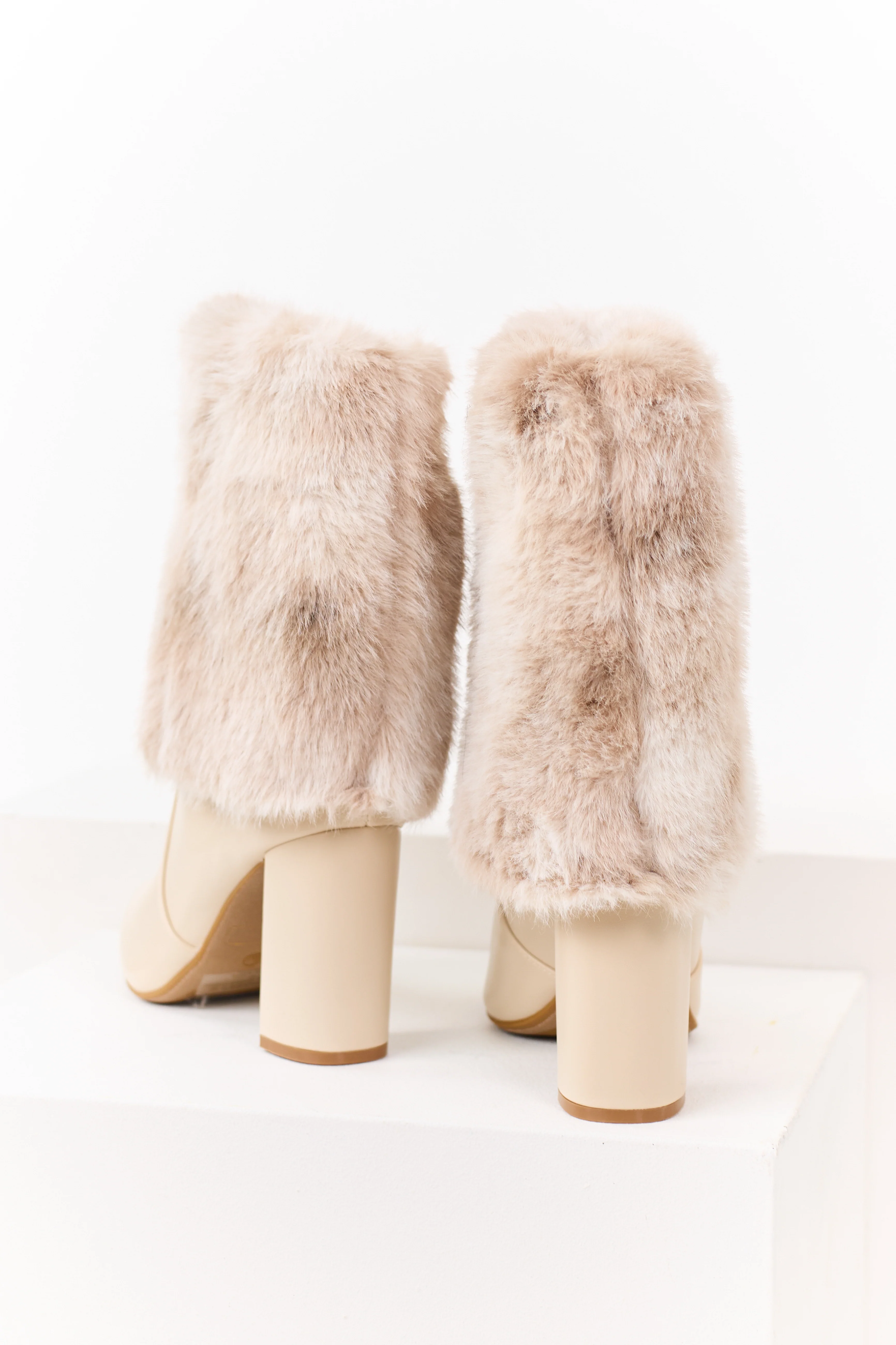 Almond Faux Fur Overlay Faux Leather Heel Booties - Image 3