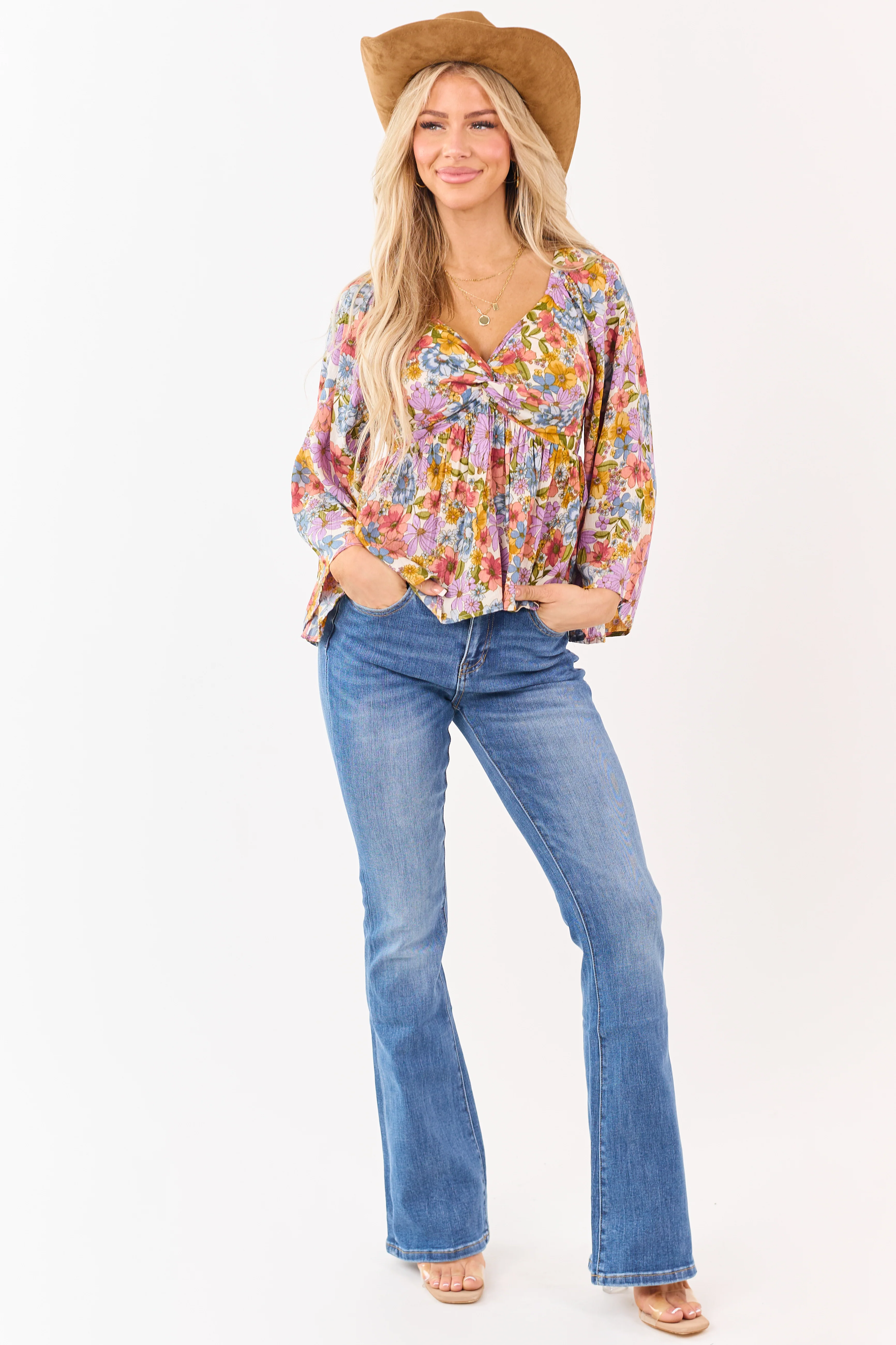Almond Floral Print Front Twist Babydoll Top - Image 4