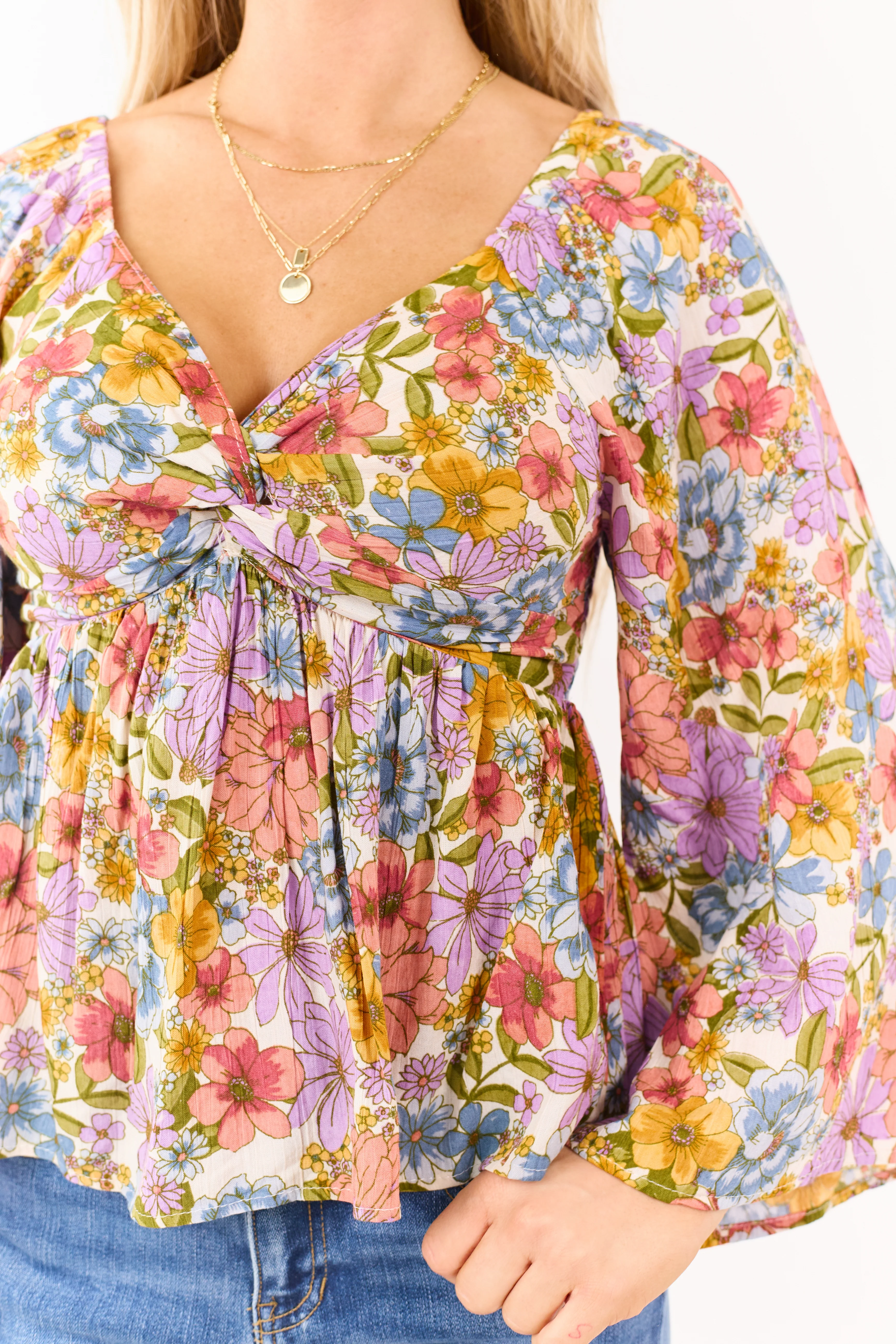 Almond Floral Print Front Twist Babydoll Top - Image 7
