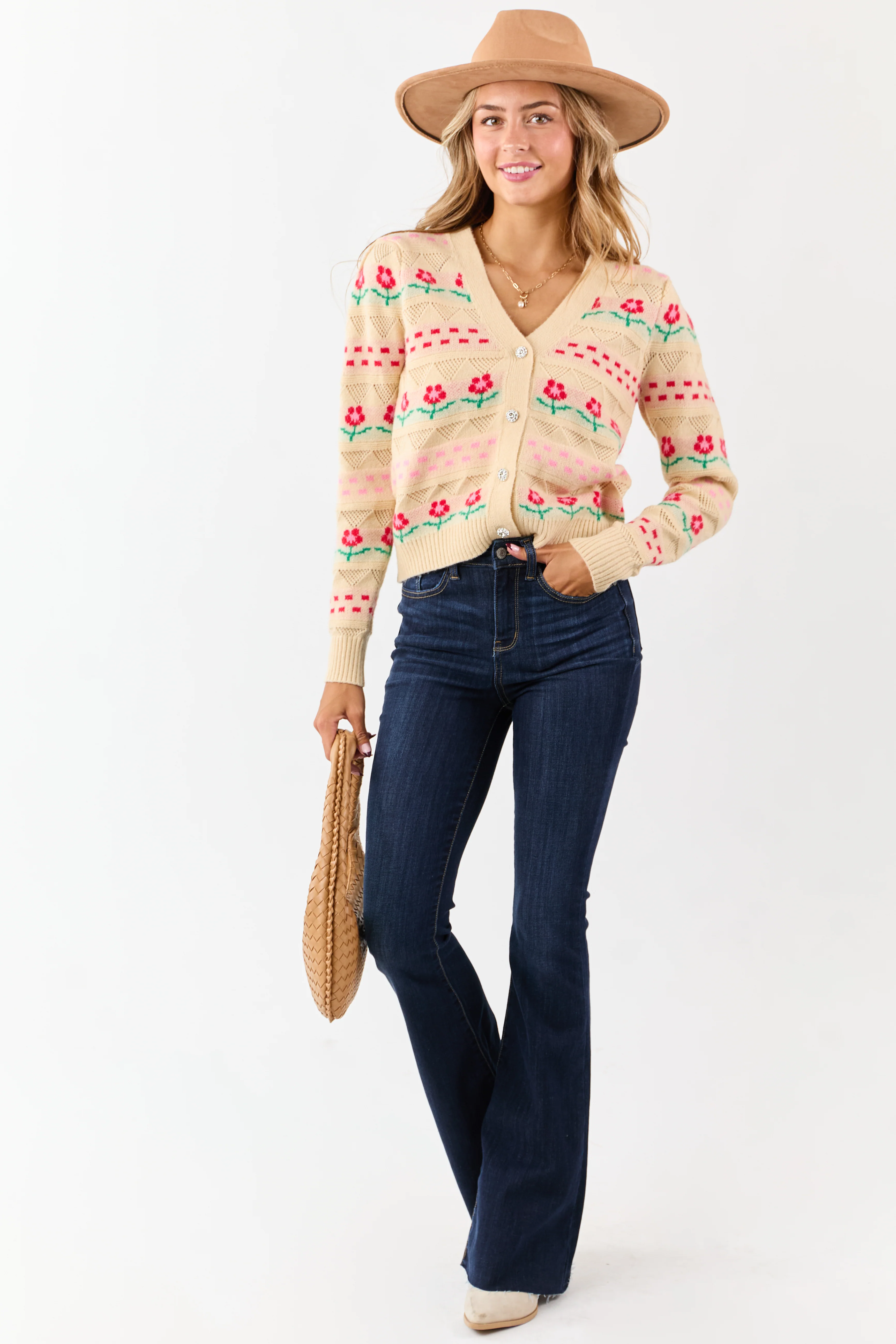 Almond Floral Print Pointelle Knit Cardigan - Image 3