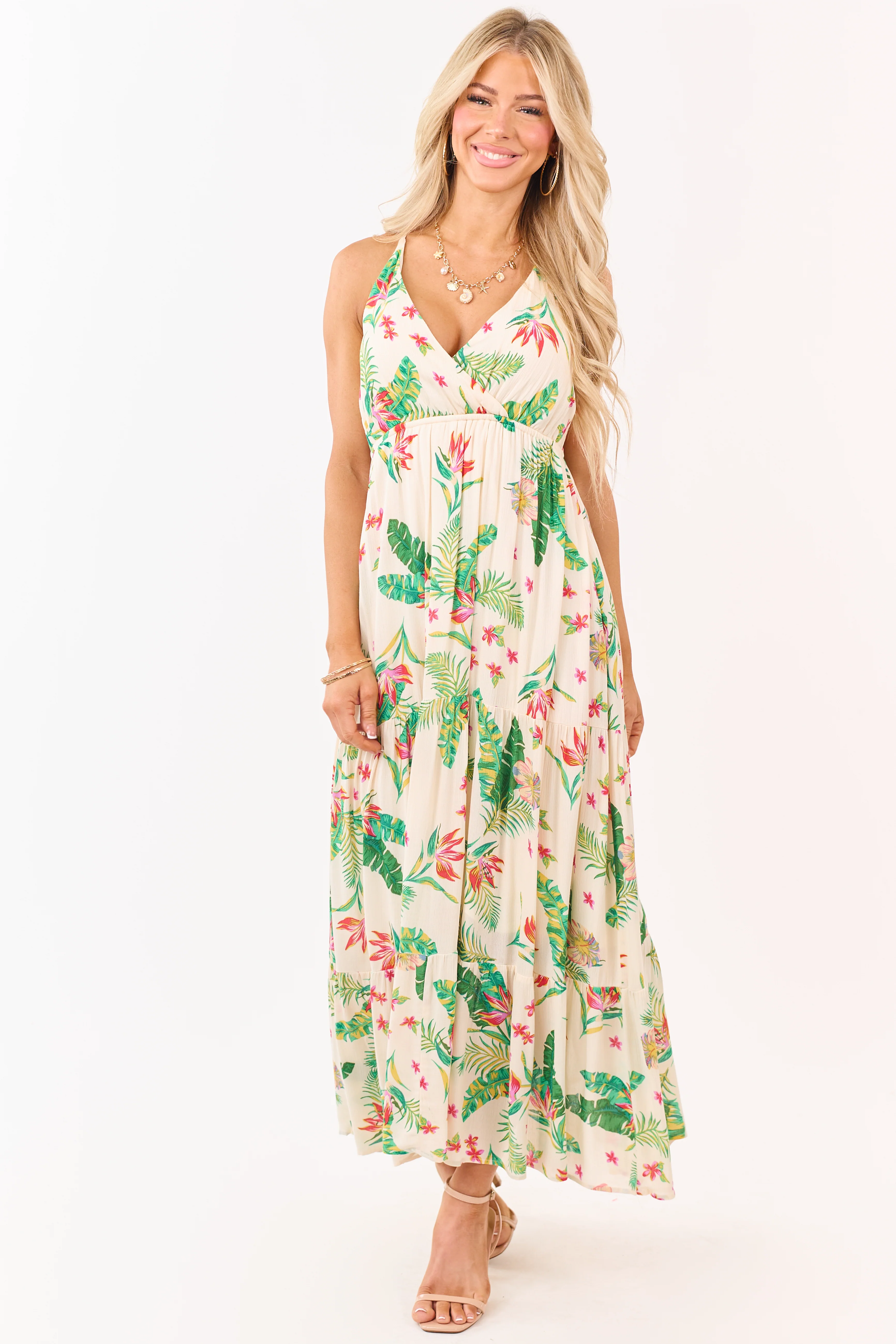Almond Floral Print Surplice Sleeveless Maxi Dress - Image 3