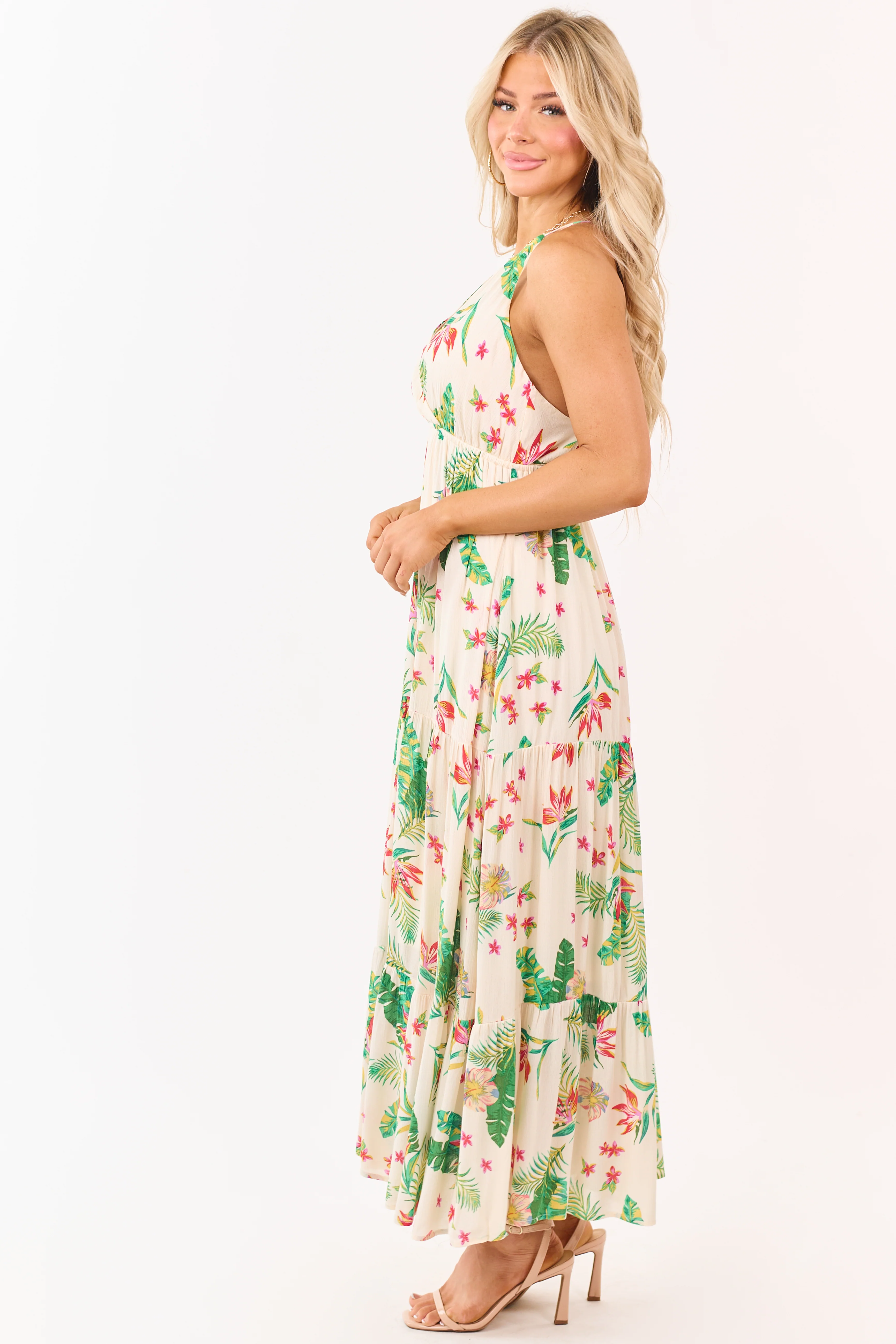 Almond Floral Print Surplice Sleeveless Maxi Dress - Image 4