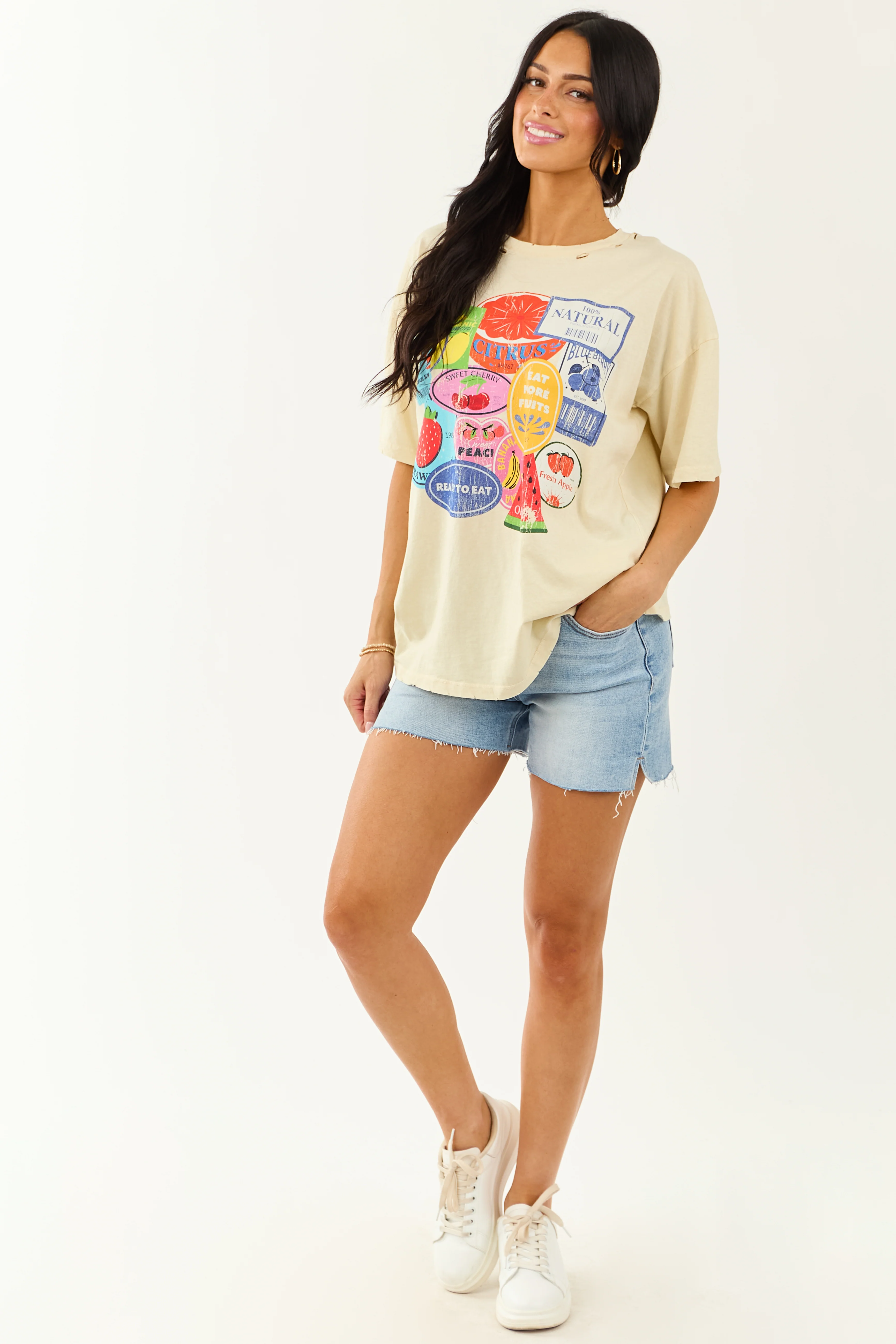 Almond Fruit Sticker Graphic Distressed Cotton Tee - Image 3
