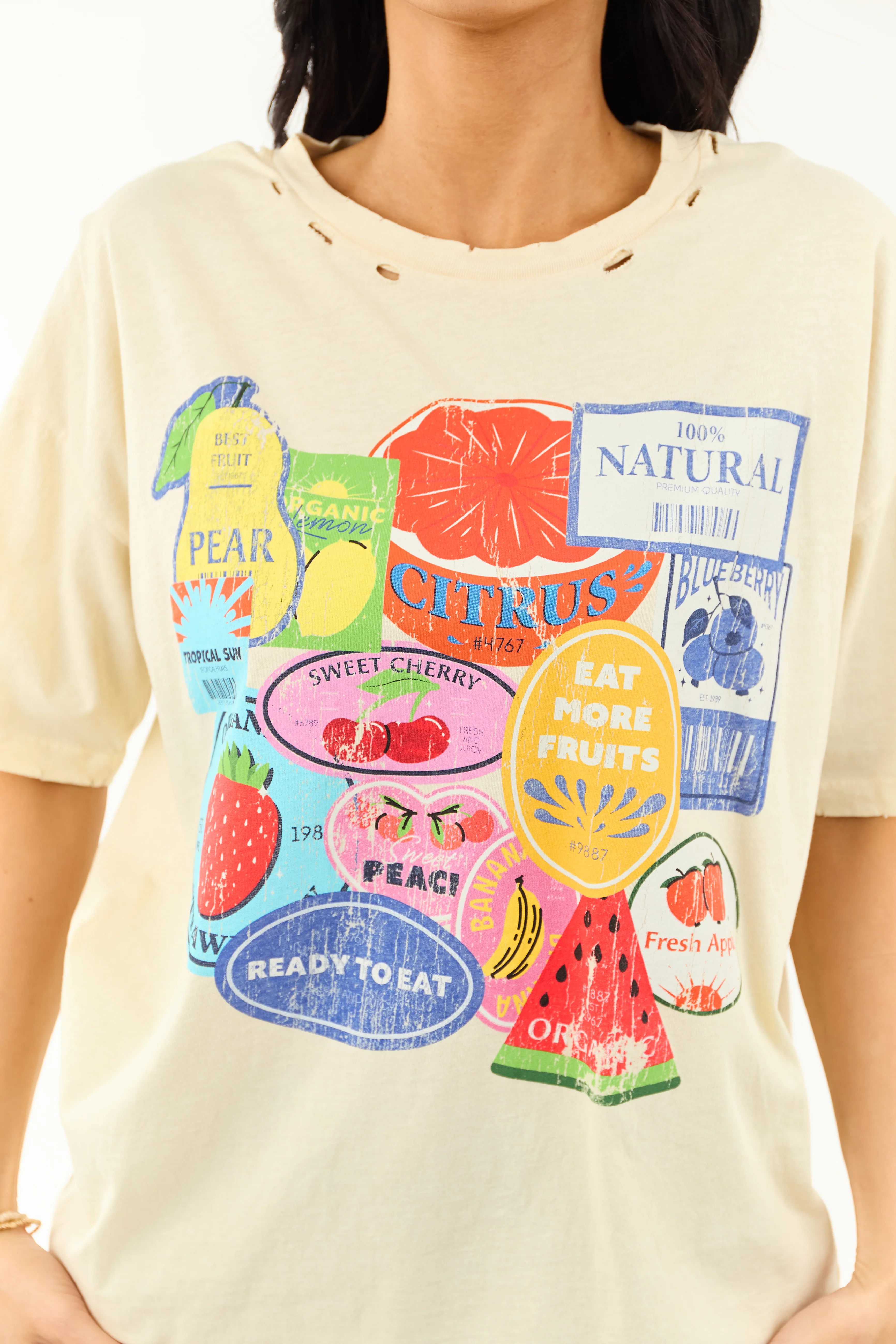 Almond Fruit Sticker Graphic Distressed Cotton Tee - Image 7