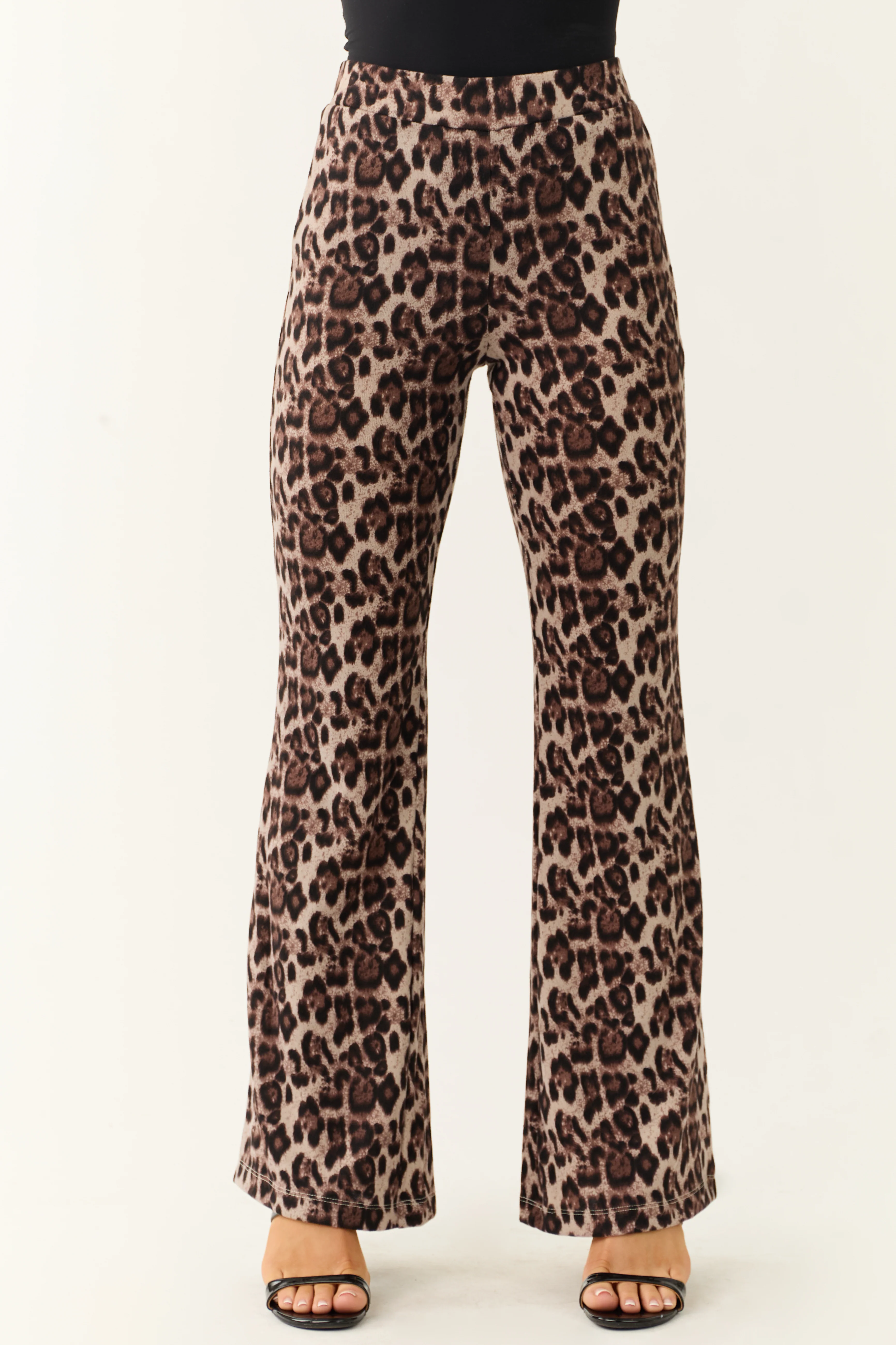 Almond Leopard Print Flare Leg Soft Knit Pants - Image 3