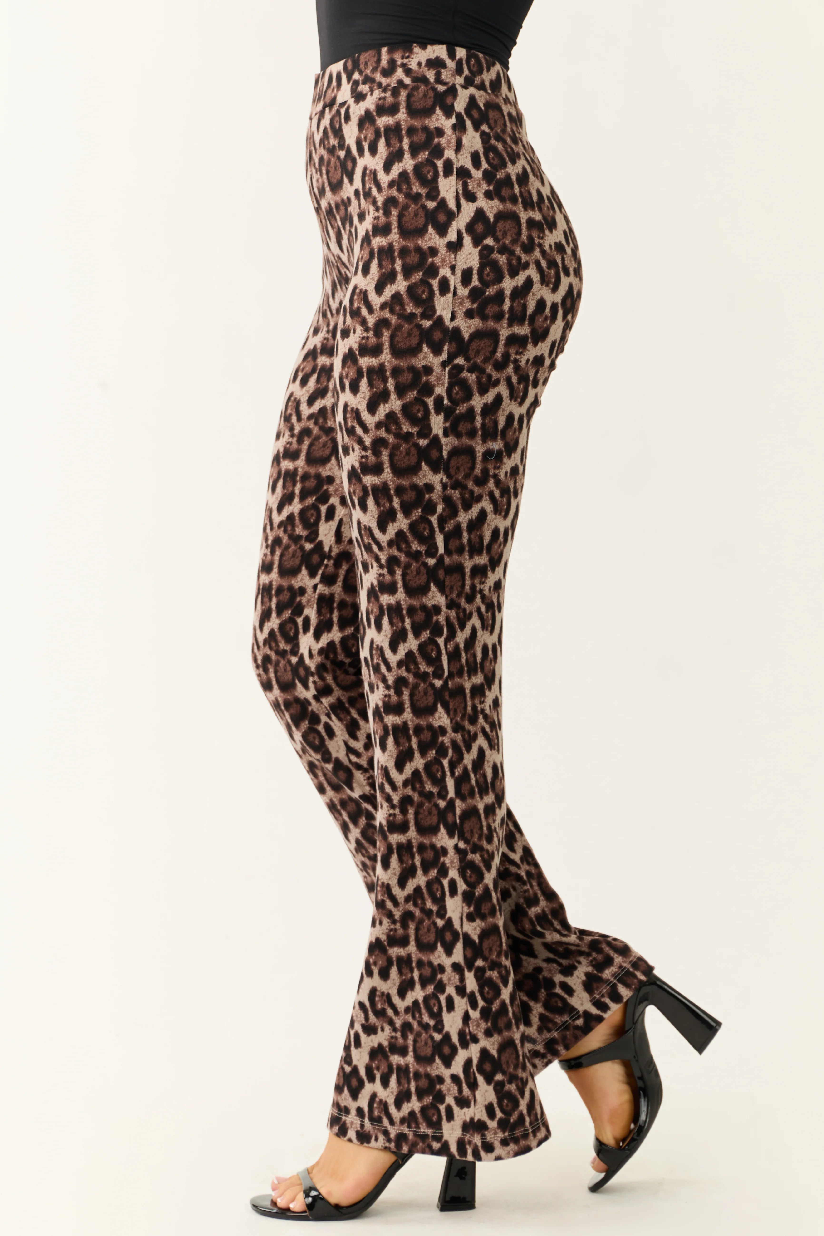 Almond Leopard Print Flare Leg Soft Knit Pants - Image 4