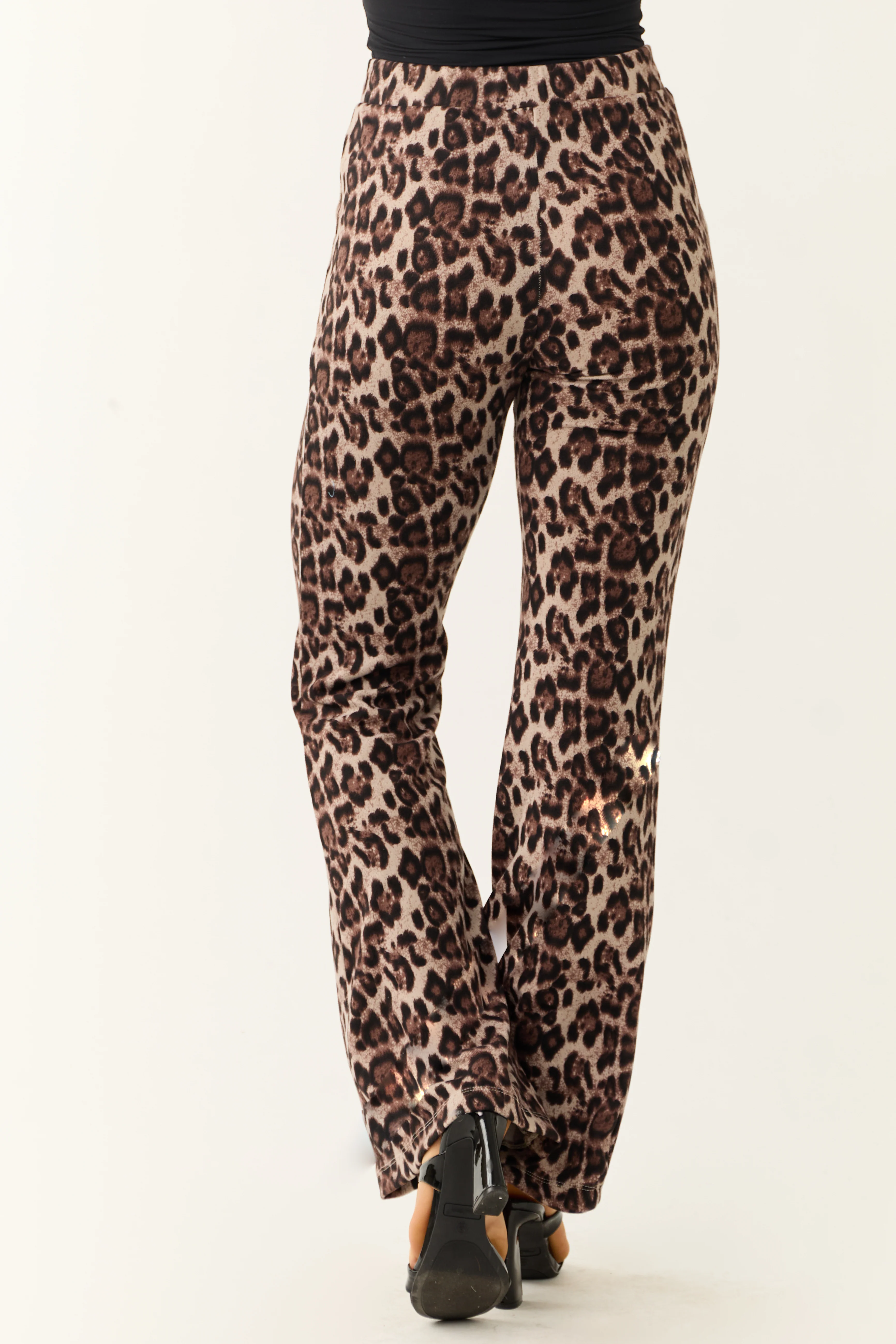 Almond Leopard Print Flare Leg Soft Knit Pants - Image 5