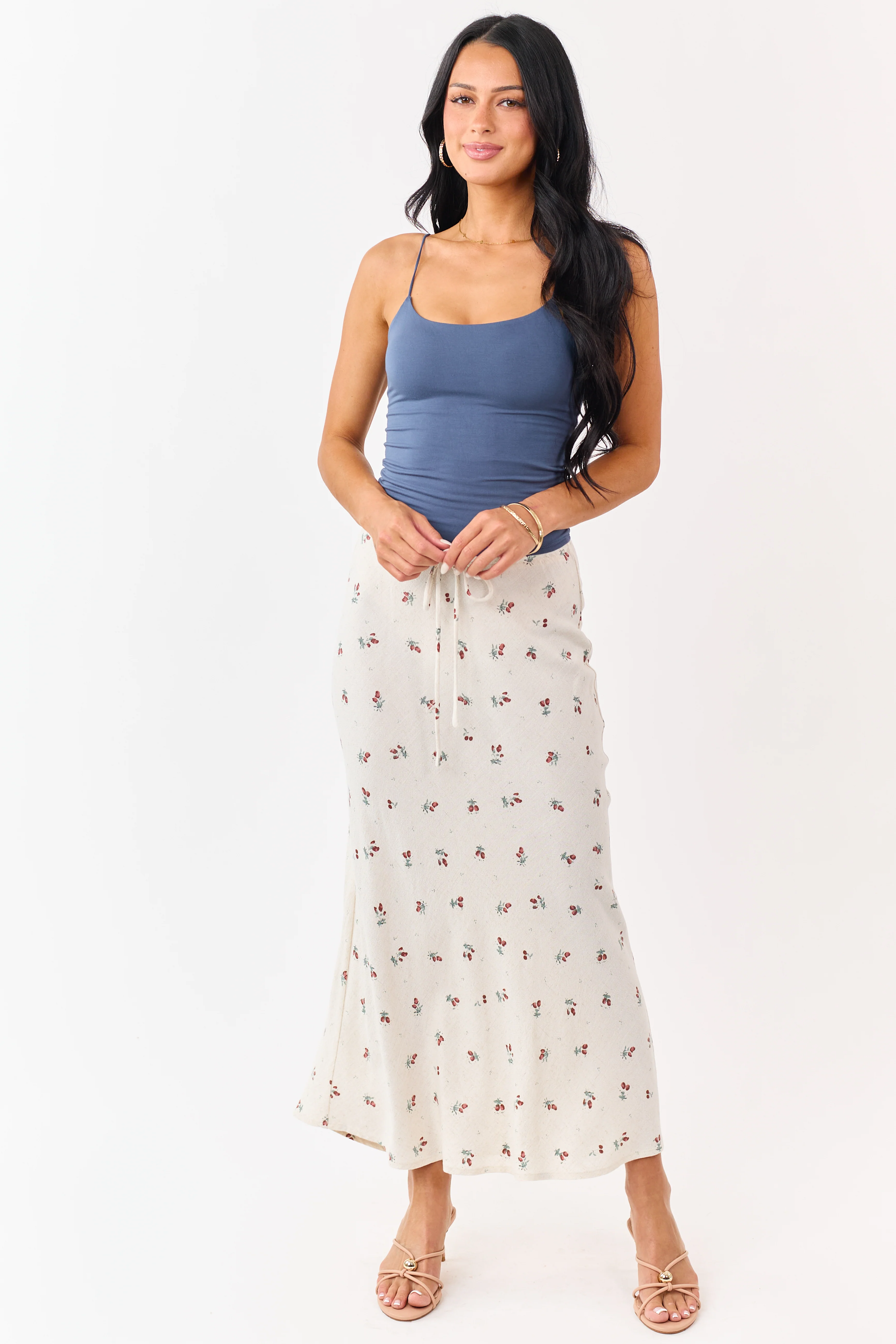 Almond Linen Blend Floral Print Maxi Skirt - Image 5