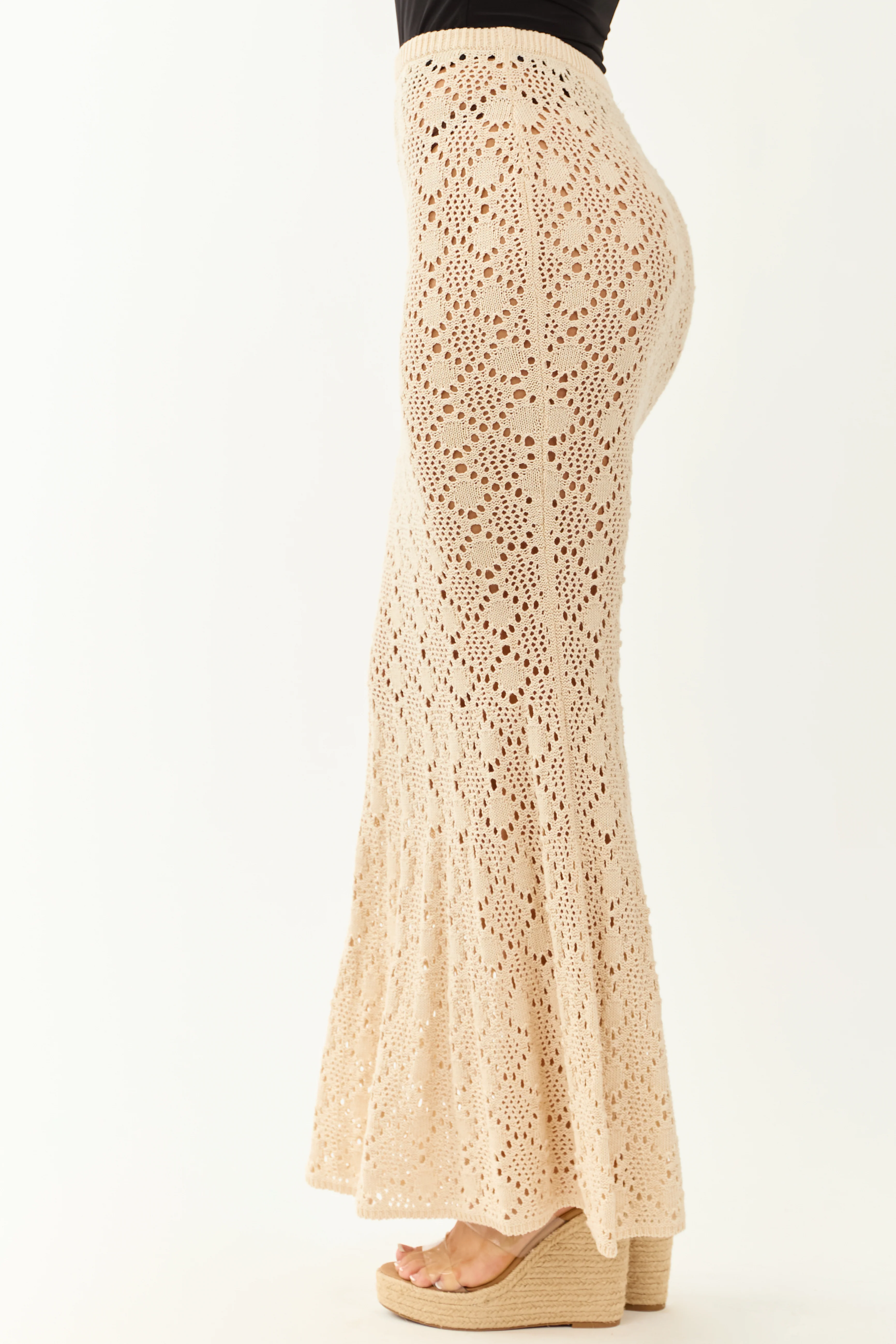 Almond Open Pointelle Crochet Mermaid Maxi Skirt - Image 3
