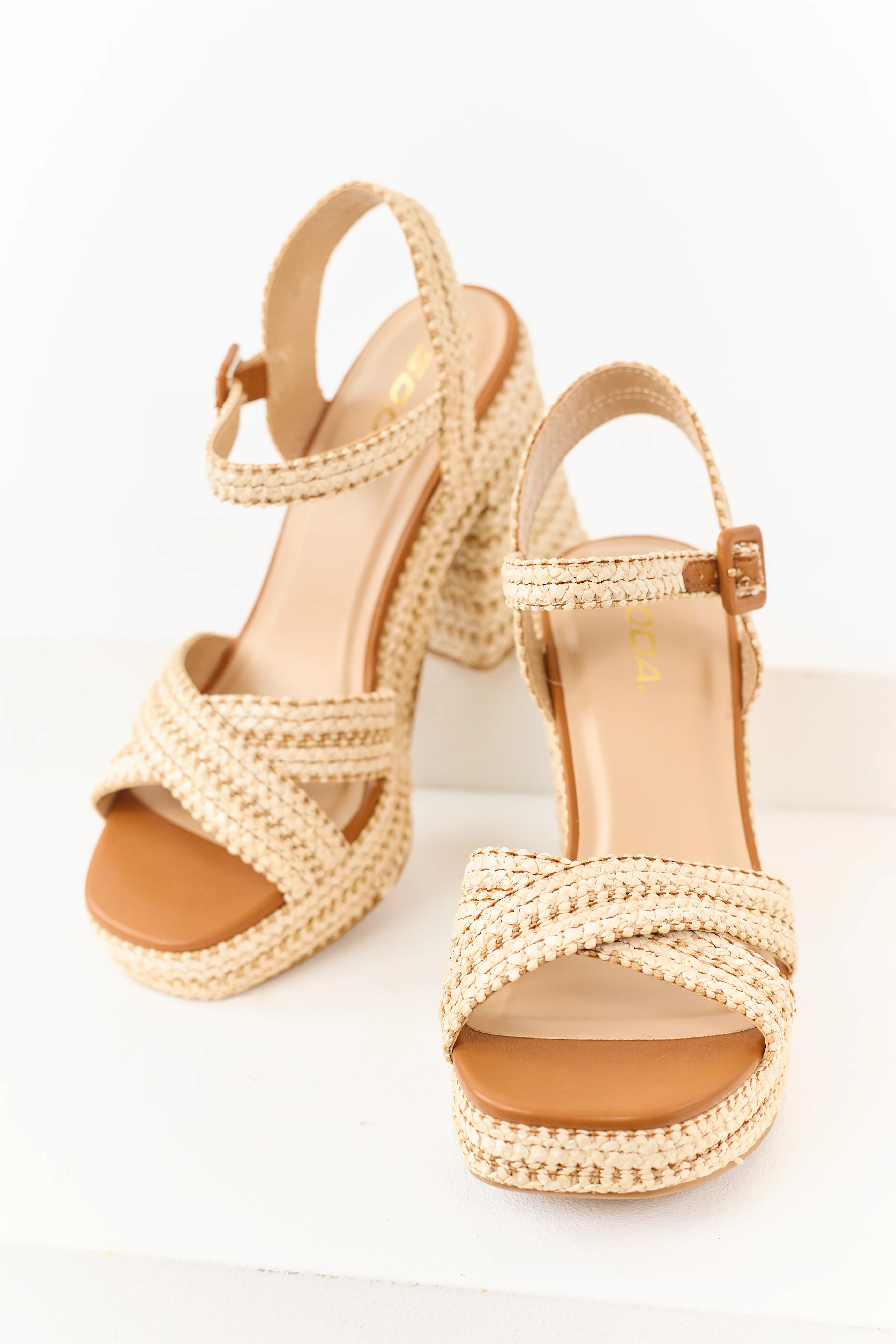 Almond Raffia Woven Open Toed Platform Heels - Image 2