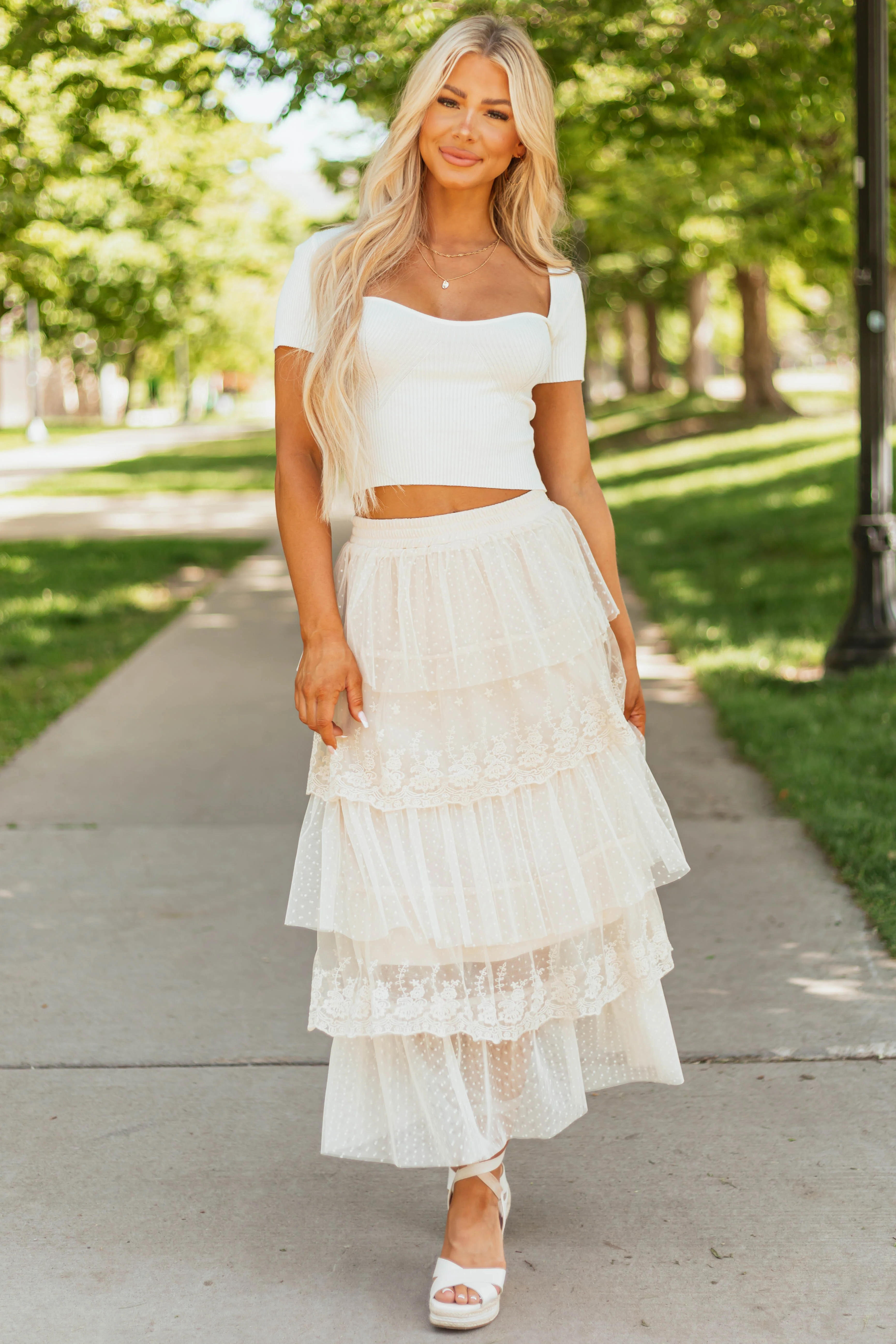 Almond Ruffle Swiss Dot Tulle Midi Skirt - Image 2