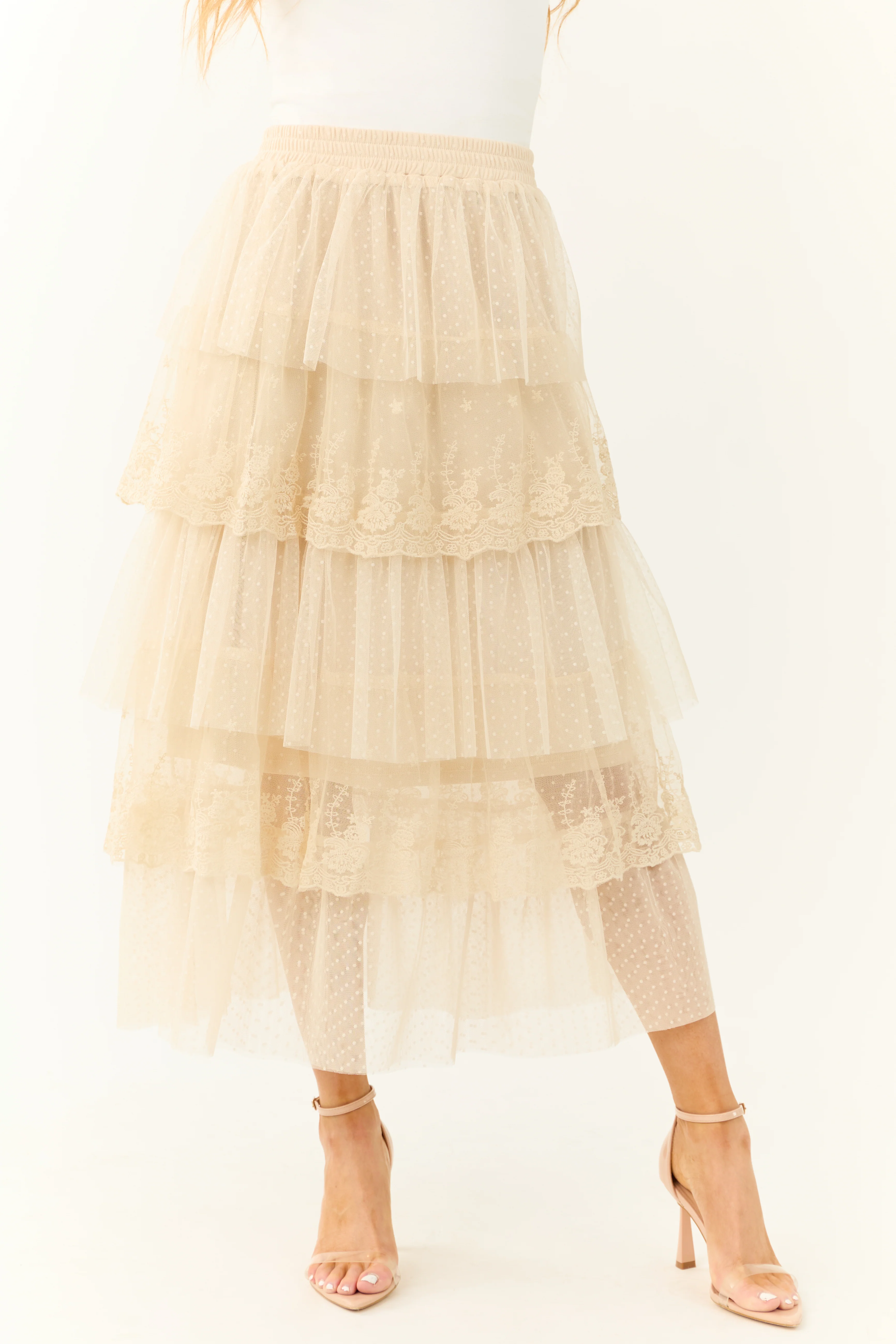 Almond Ruffle Swiss Dot Tulle Midi Skirt - Image 3