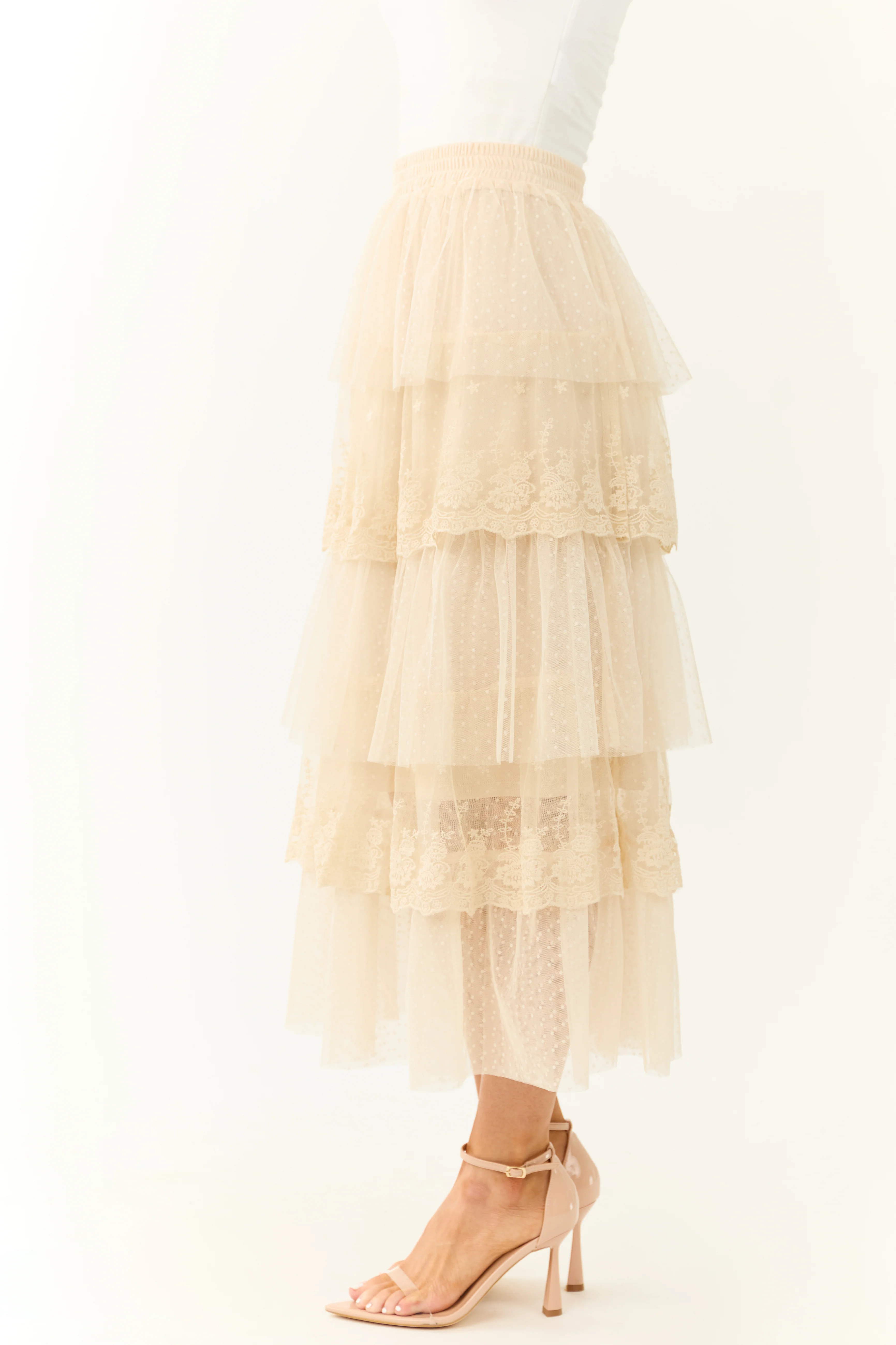 Almond Ruffle Swiss Dot Tulle Midi Skirt - Image 4