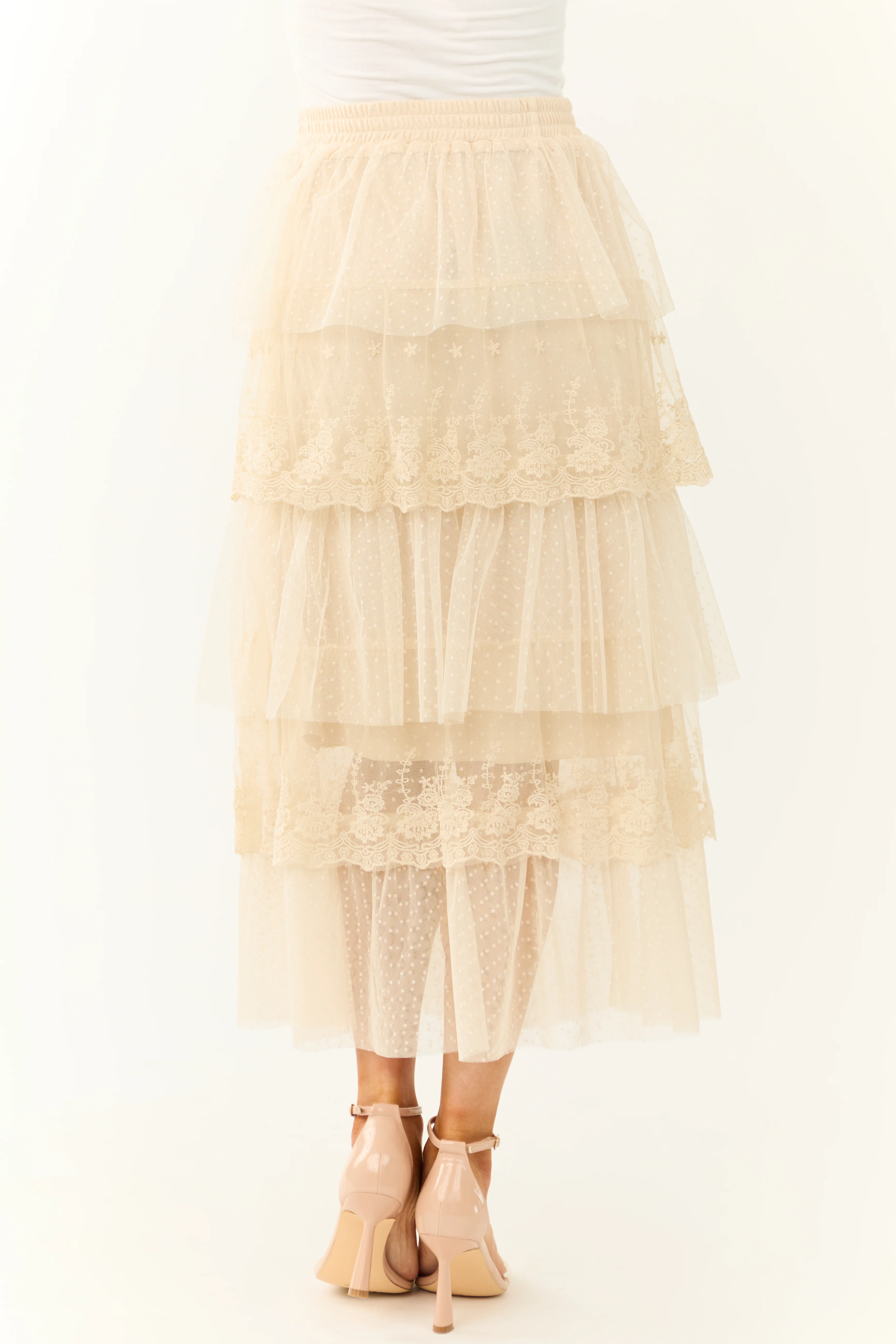 Almond Ruffle Swiss Dot Tulle Midi Skirt - Image 5