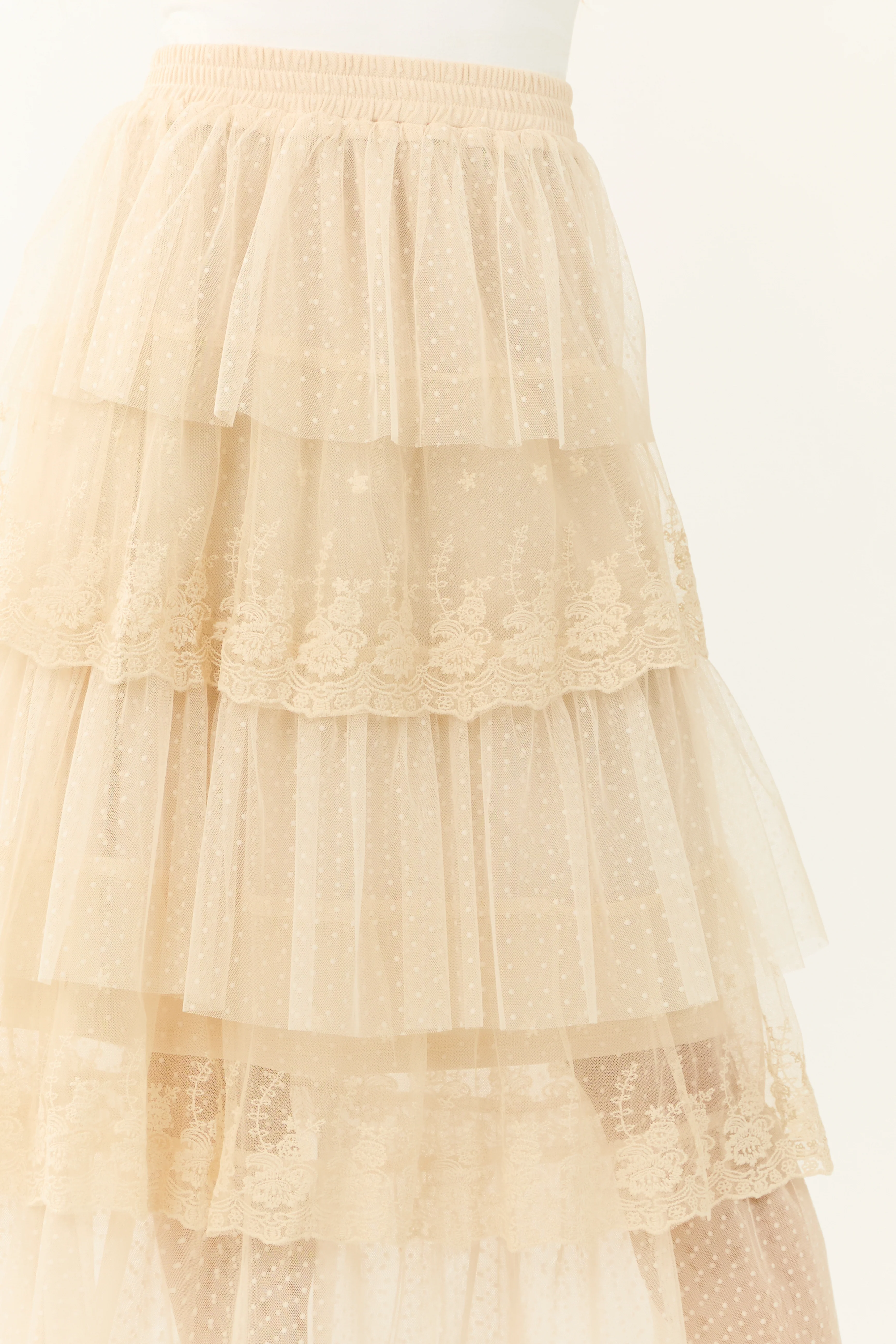 Almond Ruffle Swiss Dot Tulle Midi Skirt - Image 6