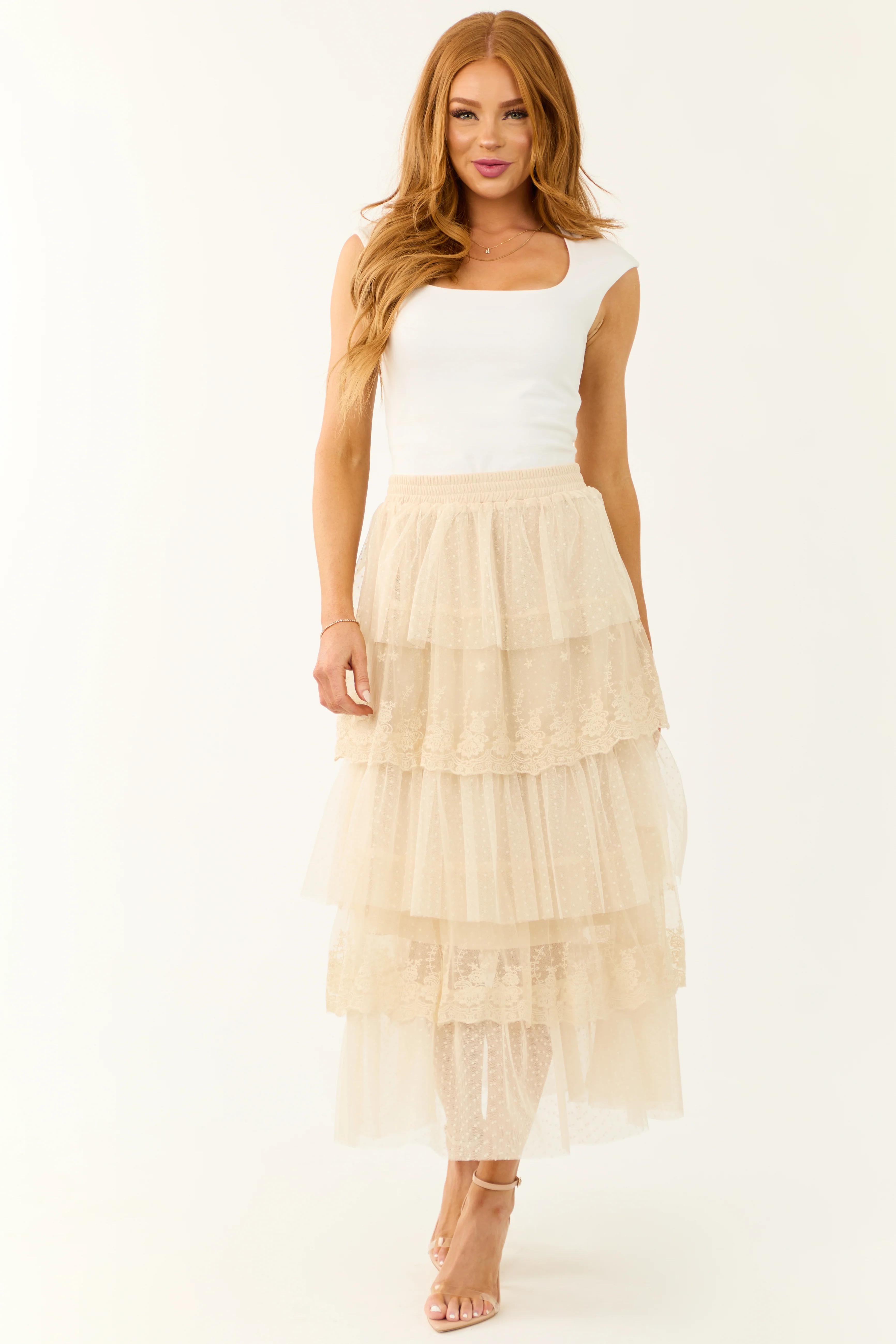 Almond Ruffle Swiss Dot Tulle Midi Skirt - Image 8