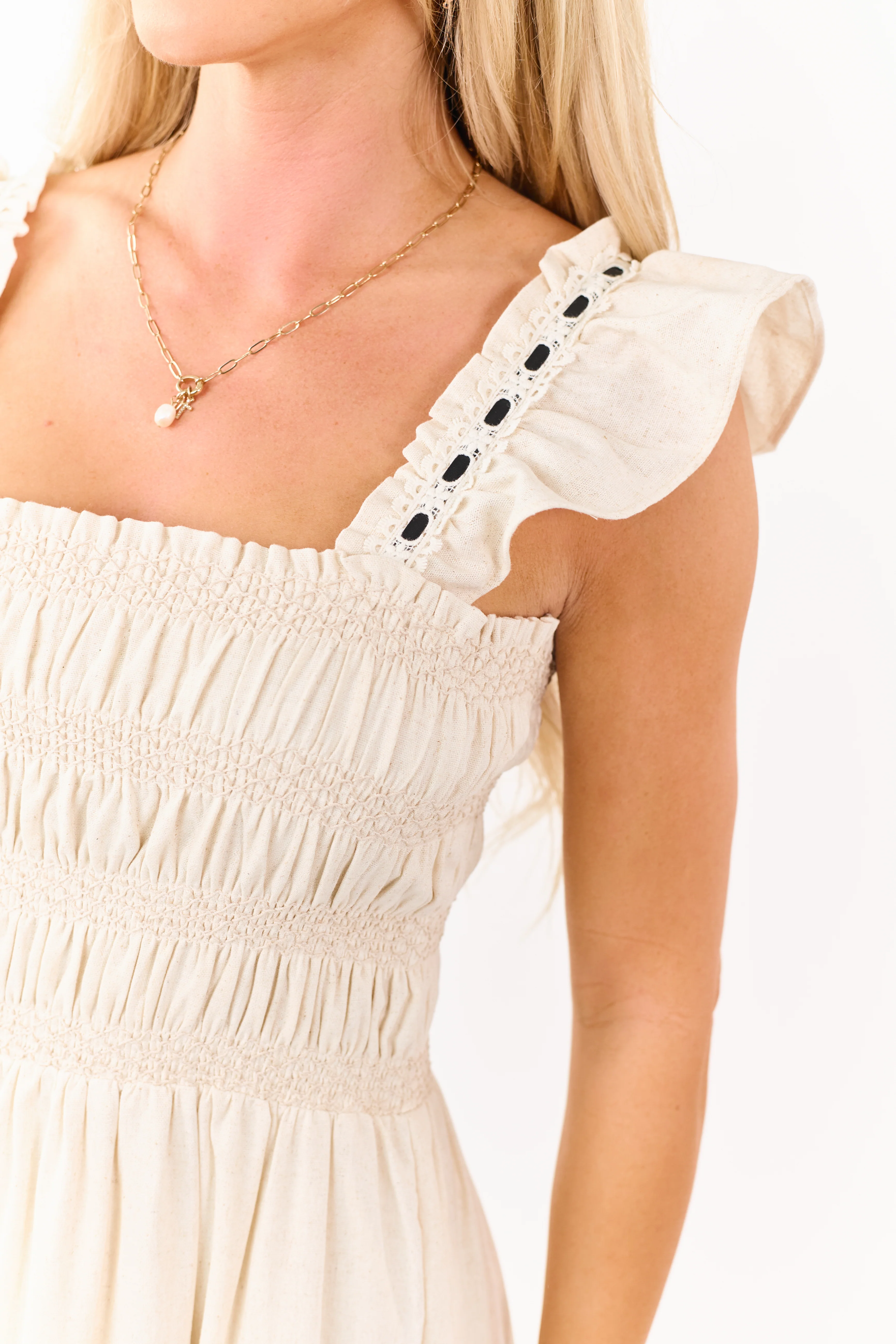 Almond Smocked Lace Ribbon Tiered Midi Dress - Image 6