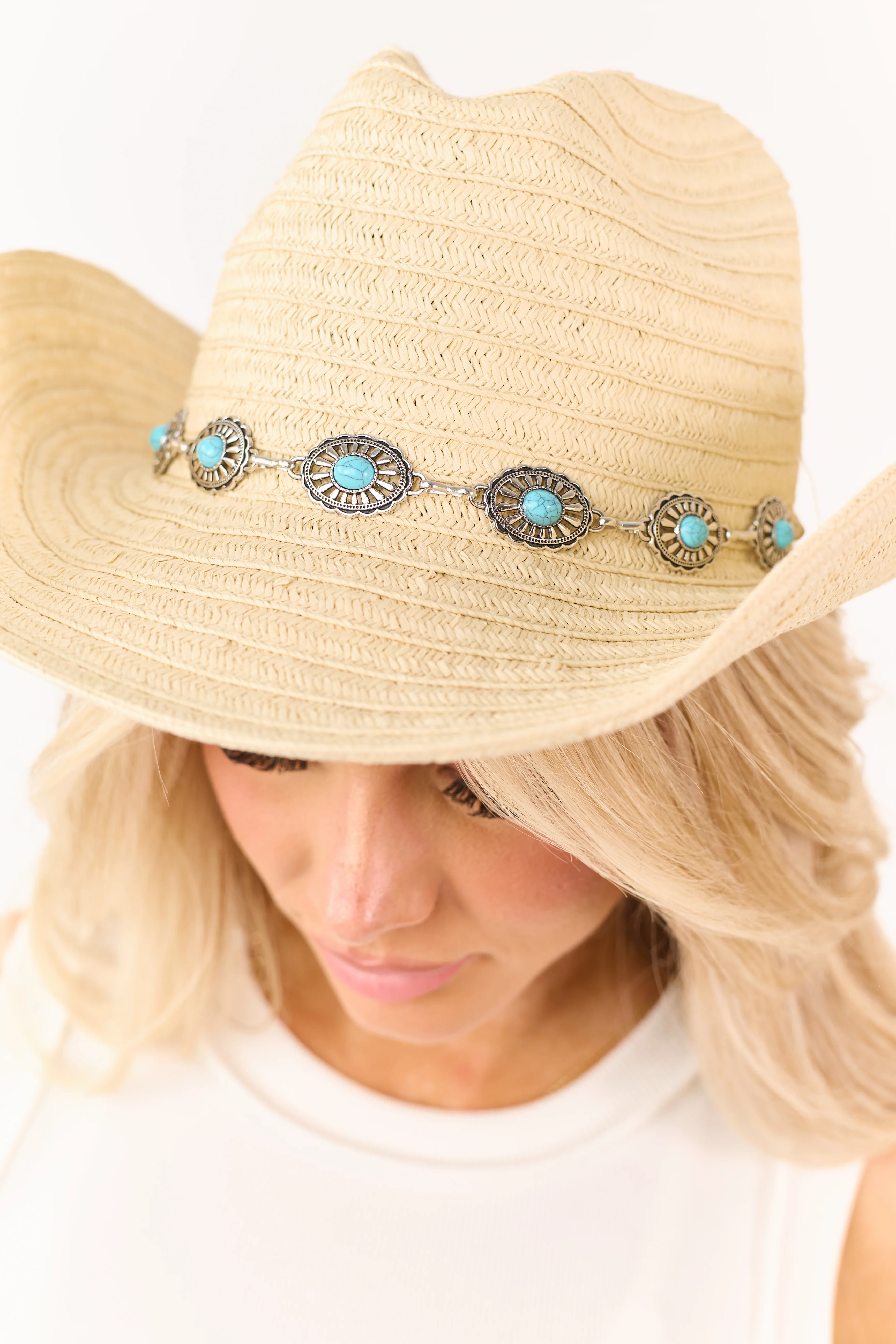 Almond Straw Turquoise Concho Band Cowboy Hat - Image 2