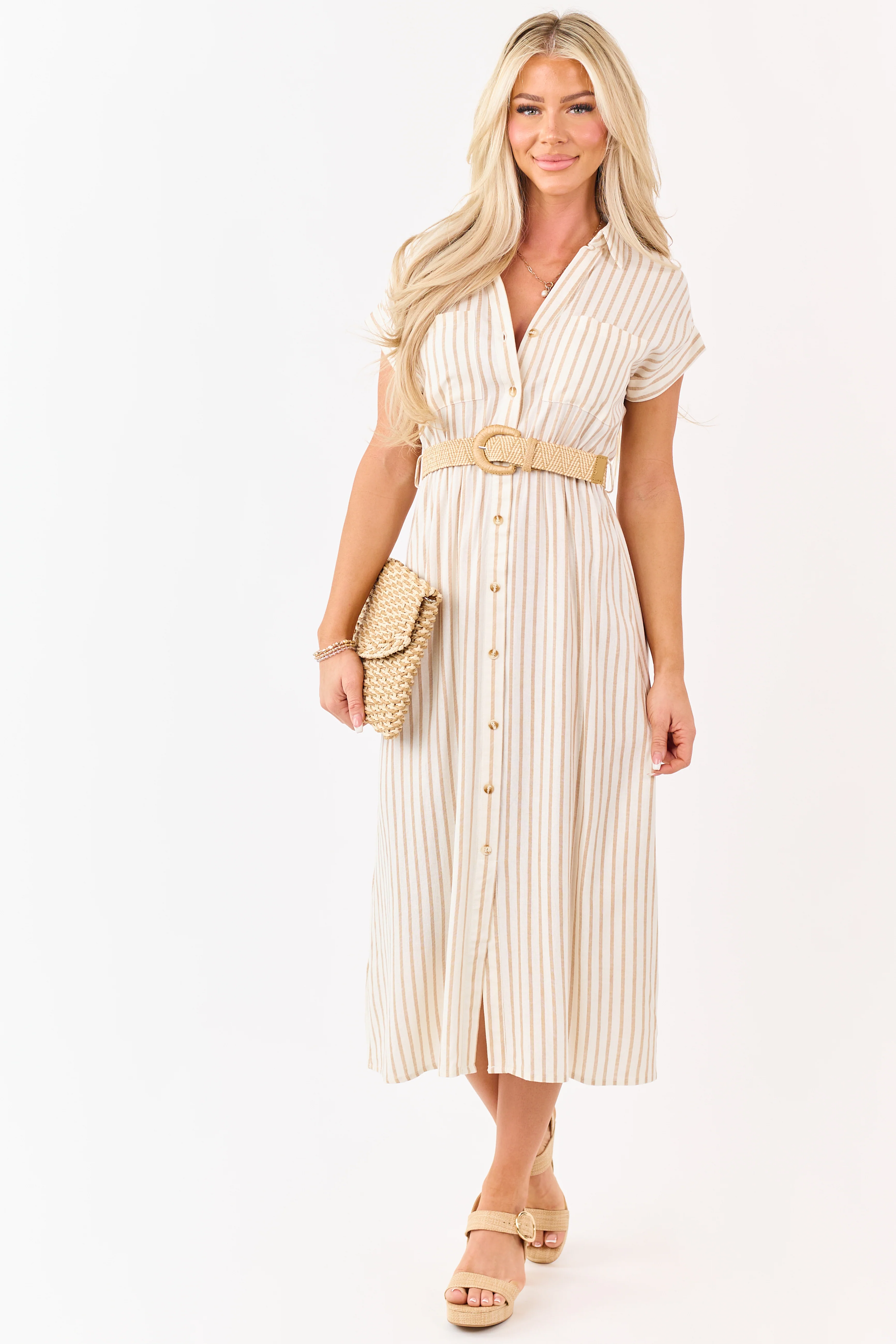 Almond Striped Button Down Midi Dress with Belt - Image 3