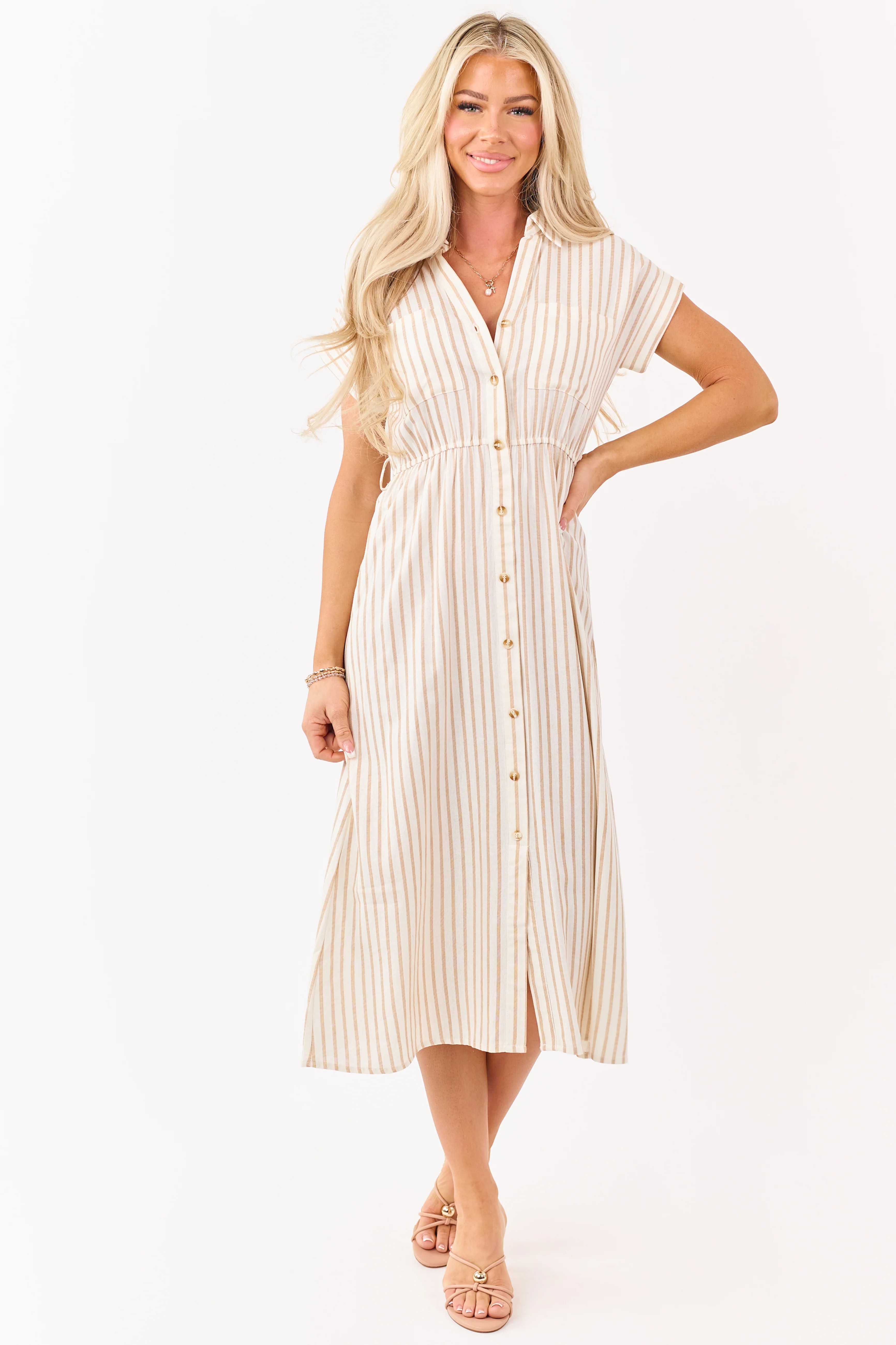 Almond Striped Button Down Midi Dress with Belt - Image 4