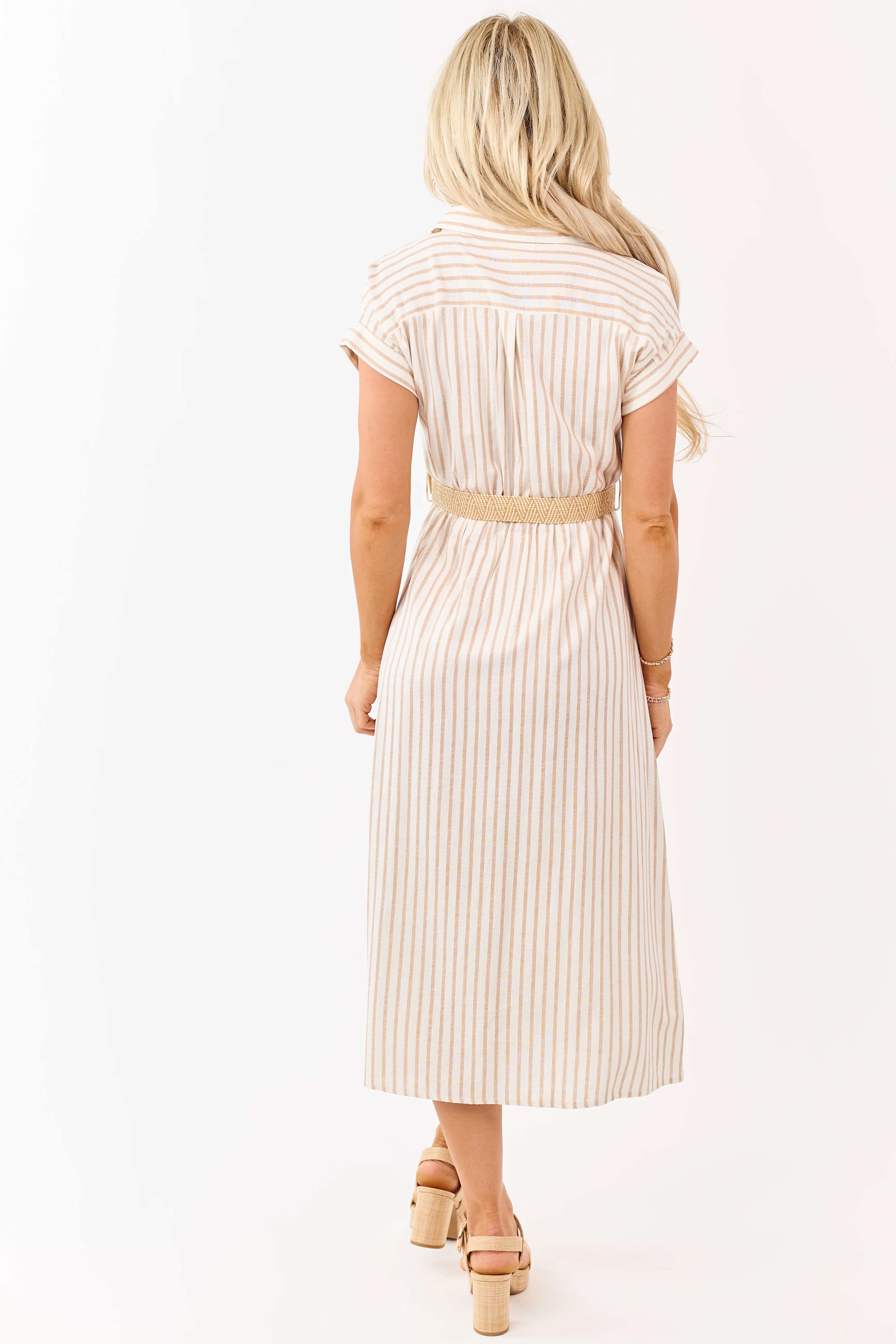 Almond Striped Button Down Midi Dress with Belt - Image 6