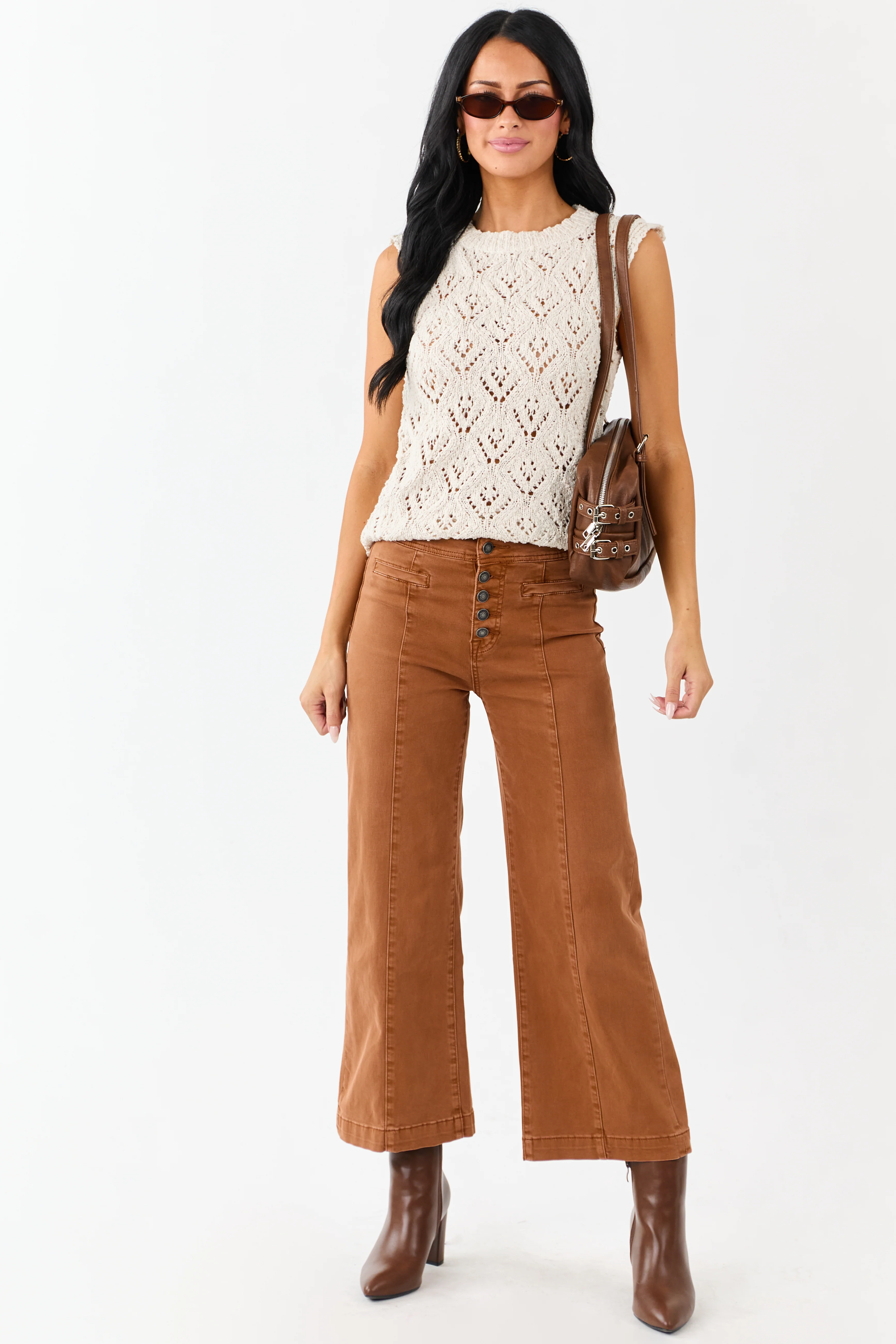 Almond Textured Open Knit Crew Neck Tank Top - Image 4