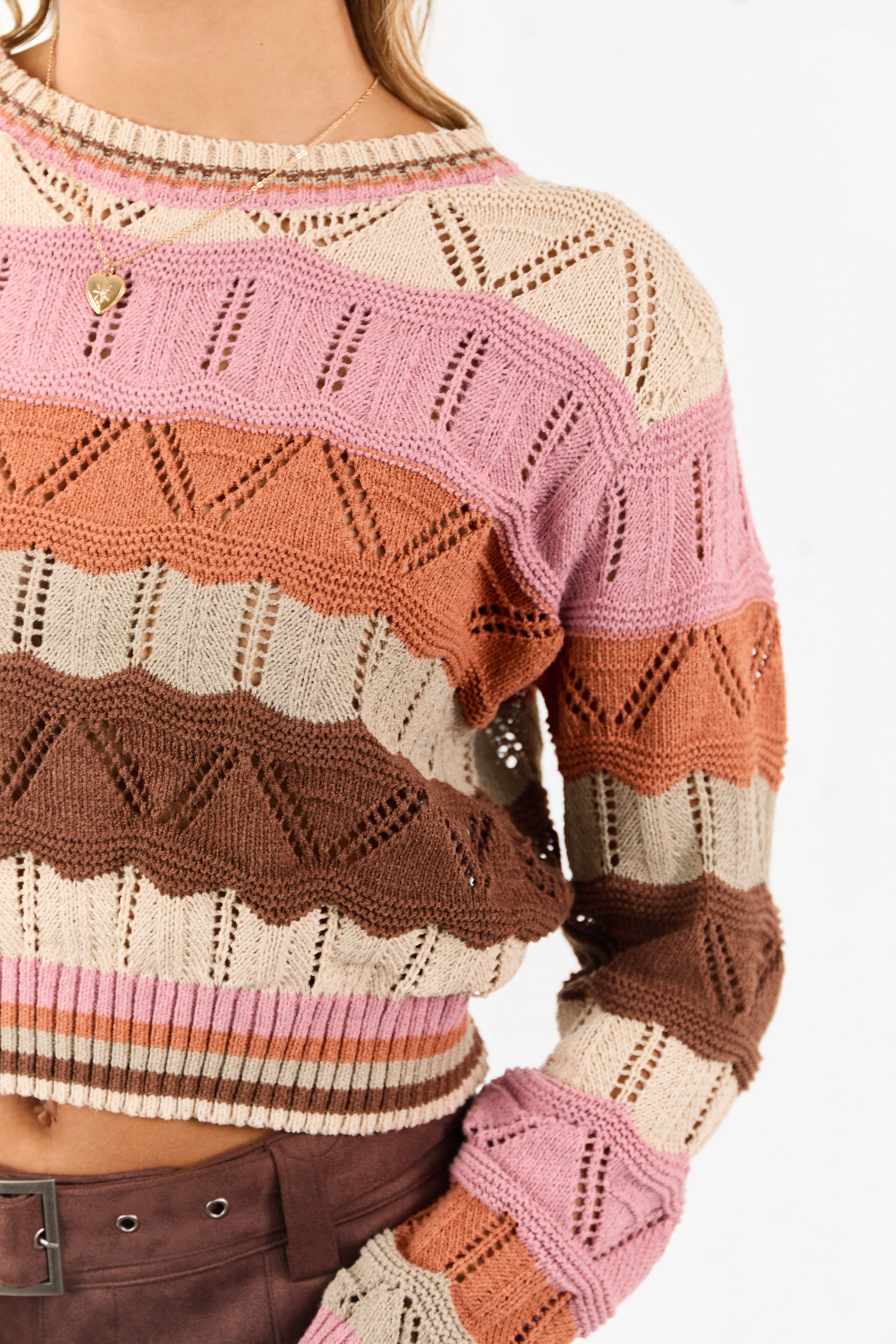 Almond Wavy Striped Long Sleeve Pointelle Sweater - Image 7