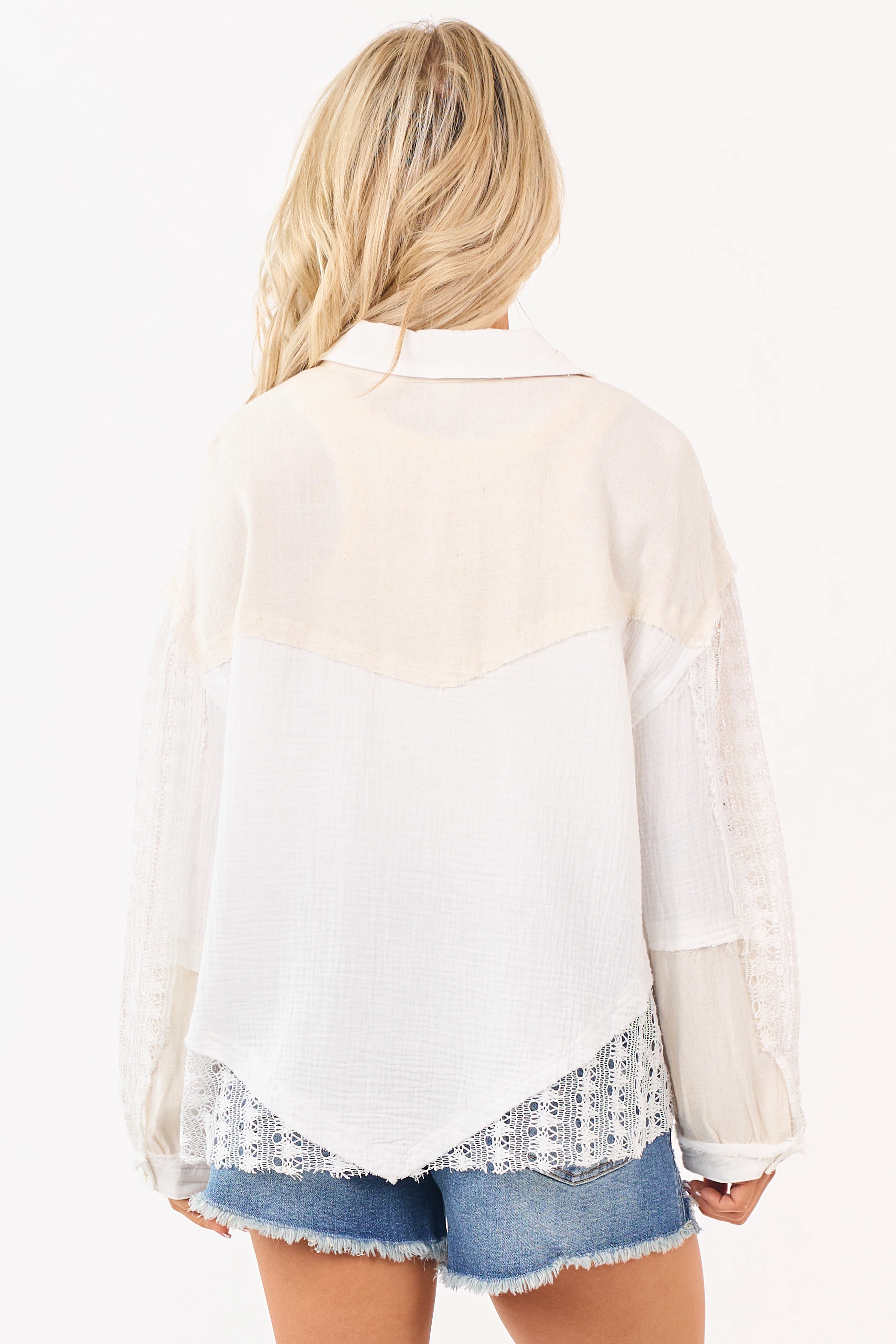 Almond and White Lace Panel Button Down Top - Image 6