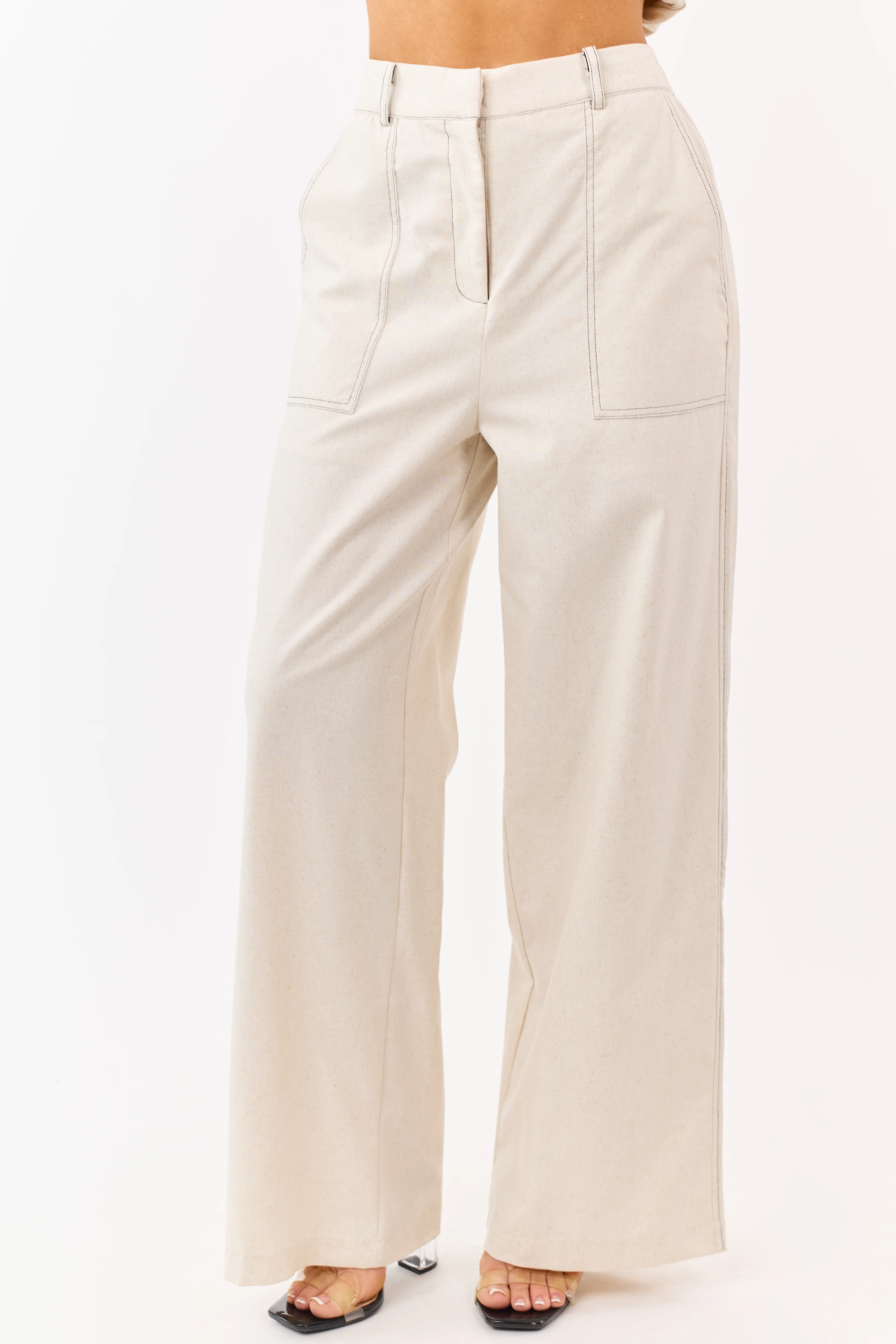 Almond Wide Leg Linen Blend Pants - Image 2