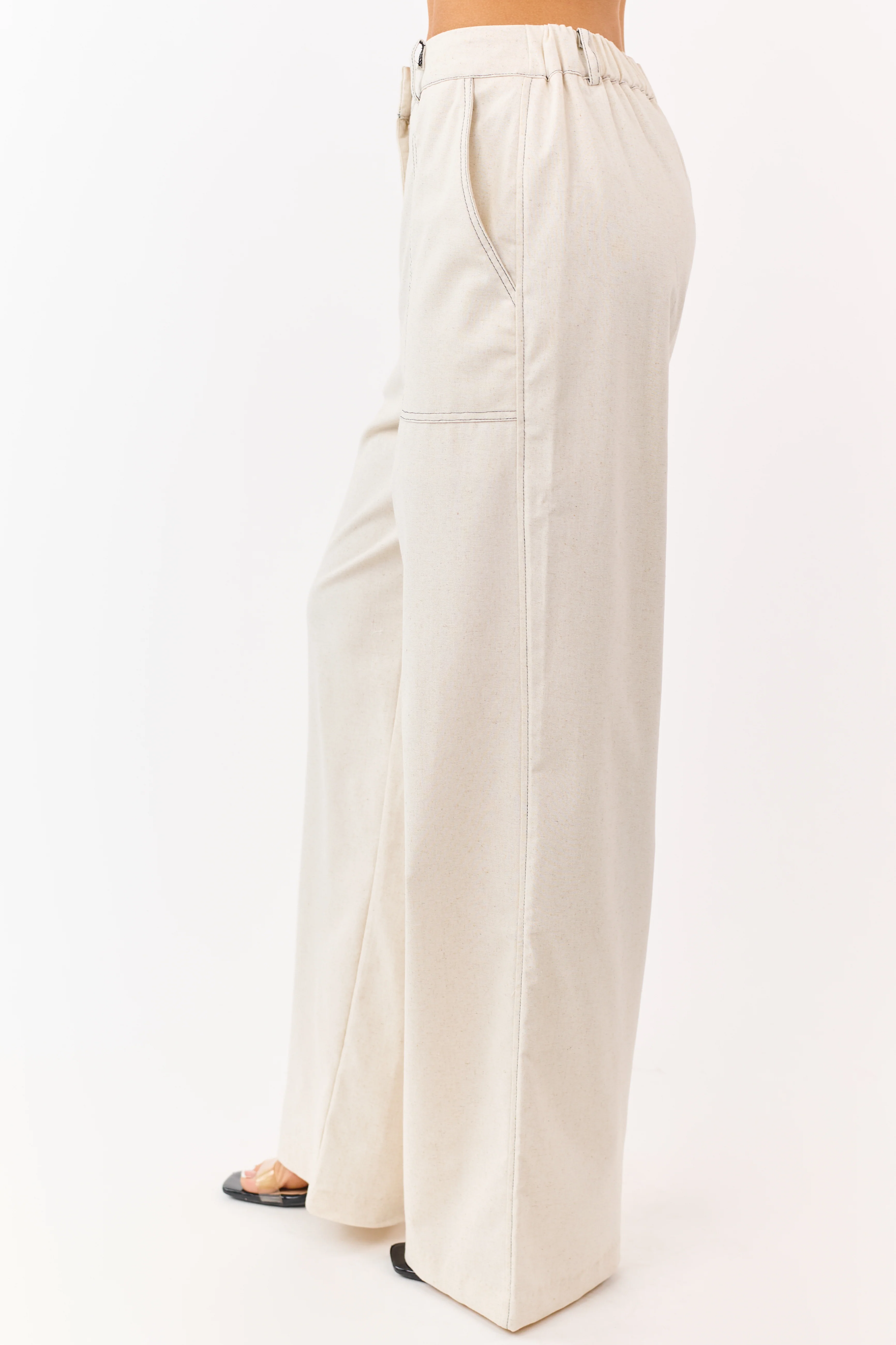 Almond Wide Leg Linen Blend Pants - Image 3