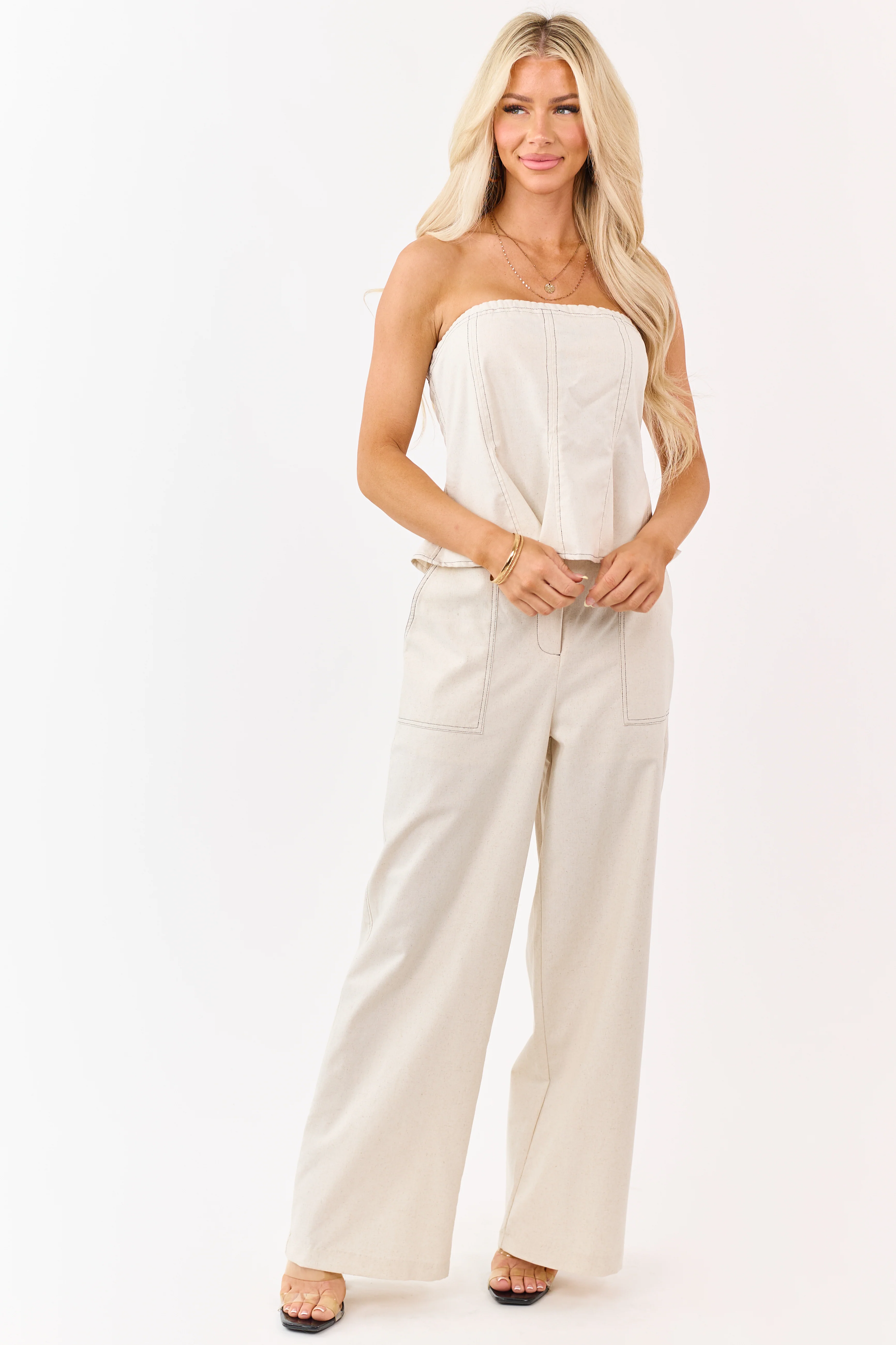 Almond Wide Leg Linen Blend Pants - Image 6