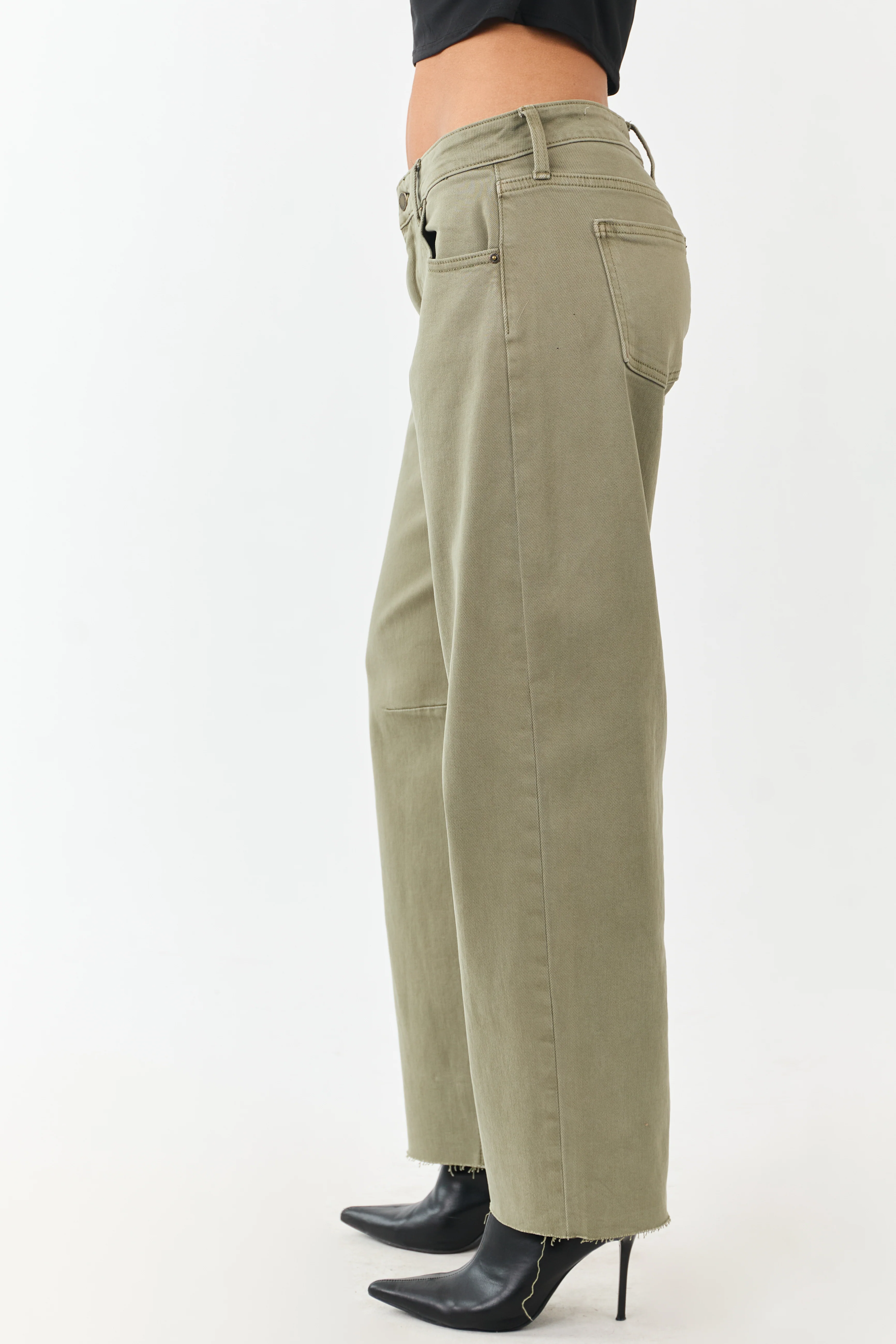 Antique Olive Mid Rise Raw Hem Barrel Jeans - Image 3