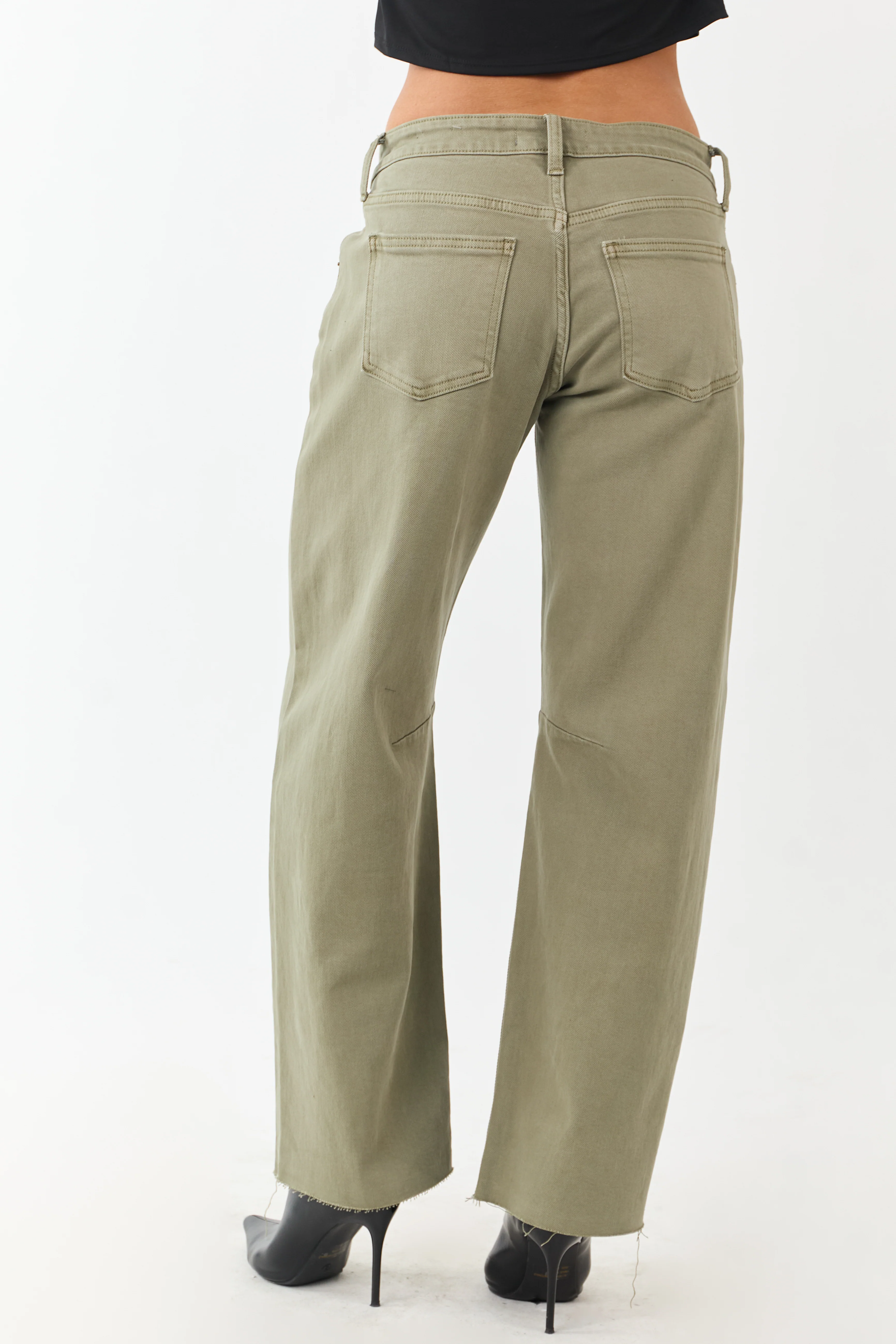 Antique Olive Mid Rise Raw Hem Barrel Jeans - Image 4