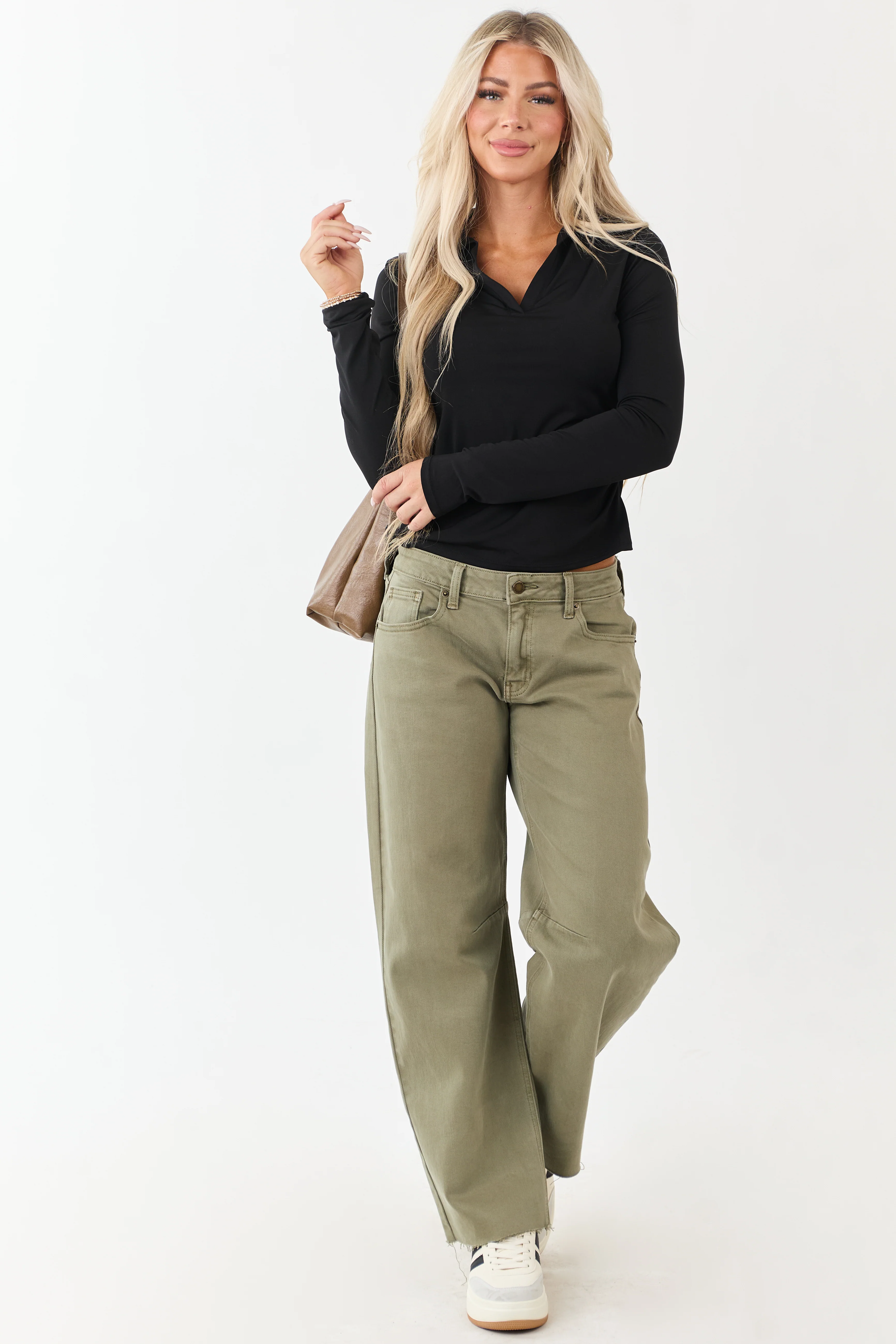 Antique Olive Mid Rise Raw Hem Barrel Jeans - Image 5