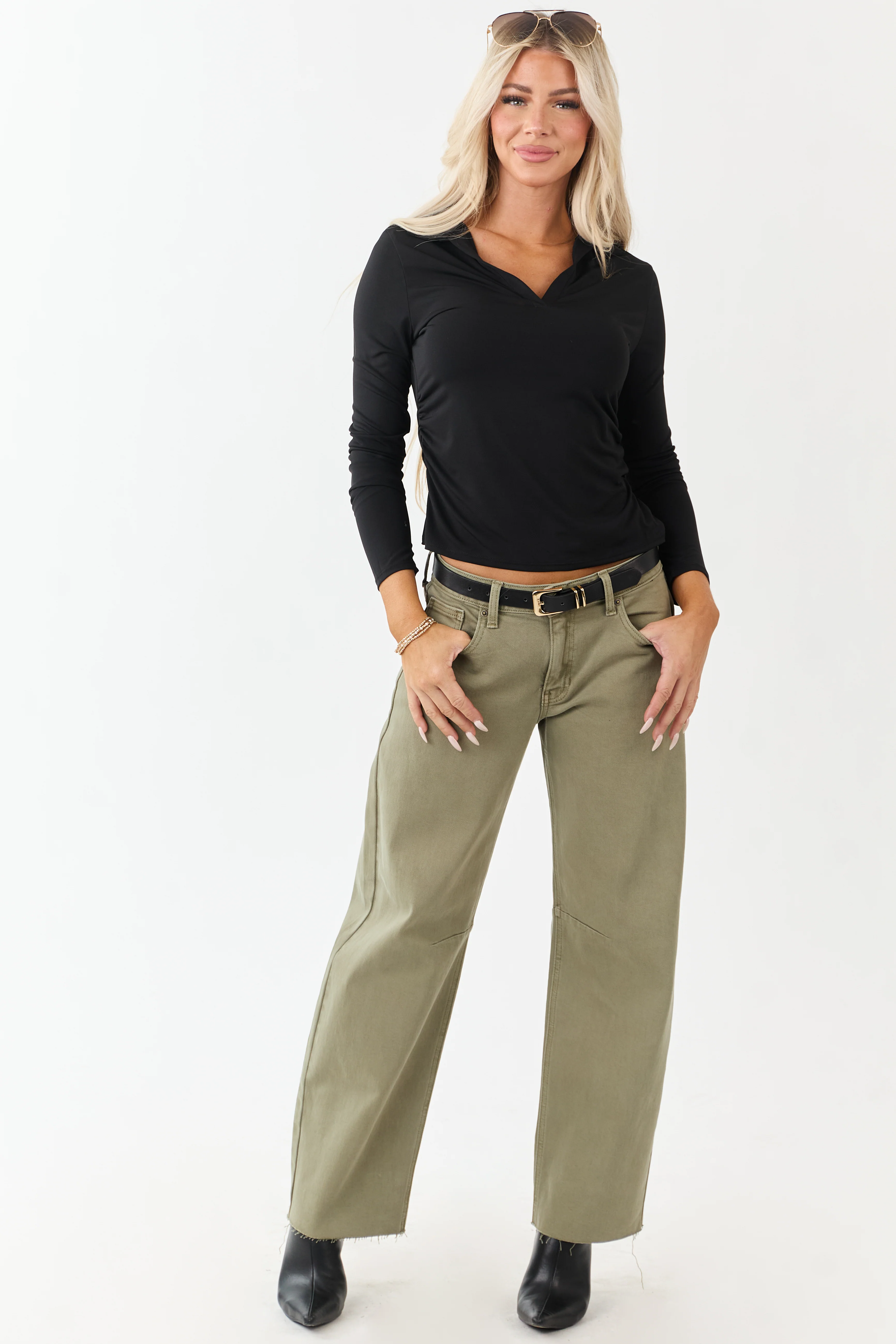 Antique Olive Mid Rise Raw Hem Barrel Jeans - Image 6