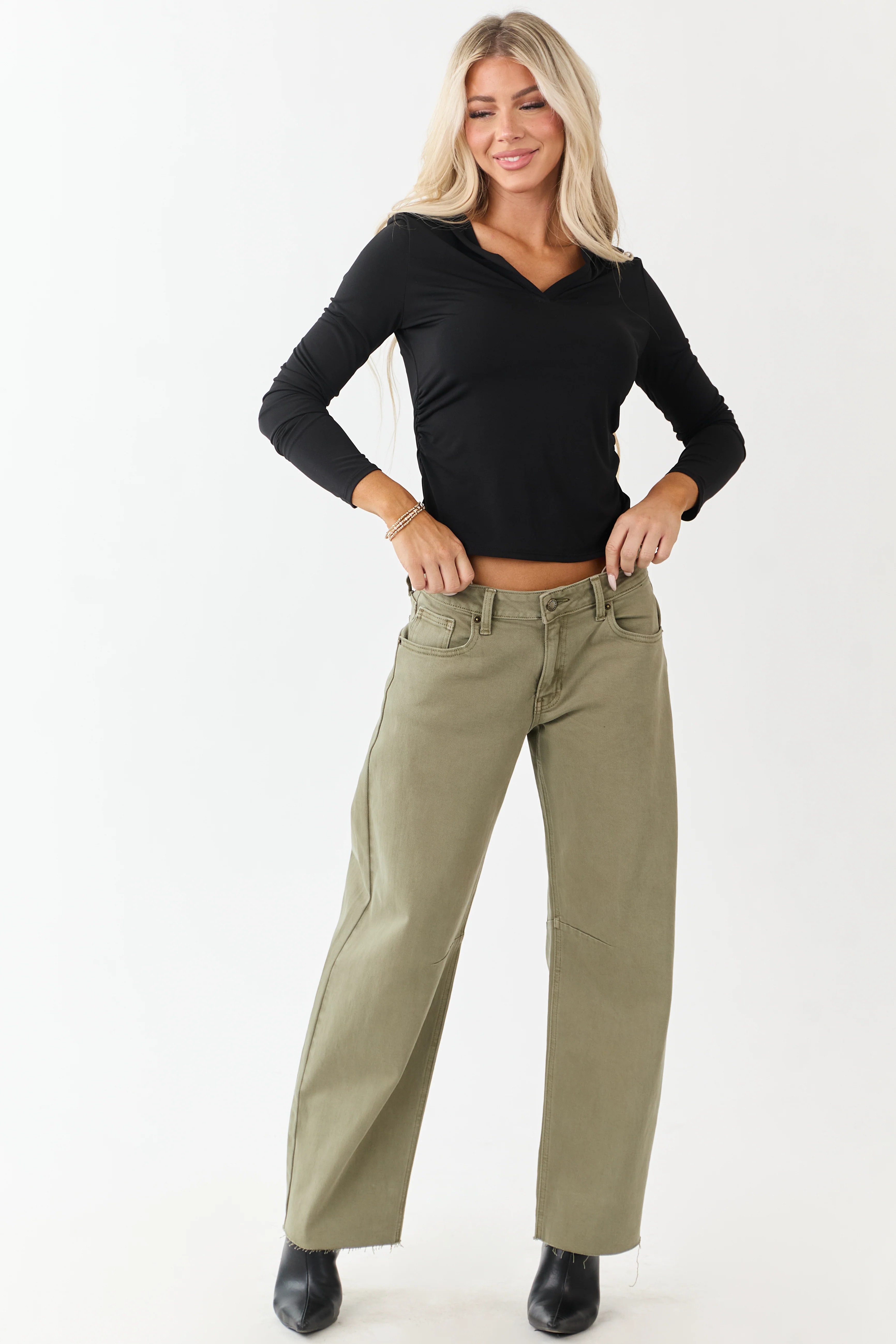 Antique Olive Mid Rise Raw Hem Barrel Jeans - Image 7