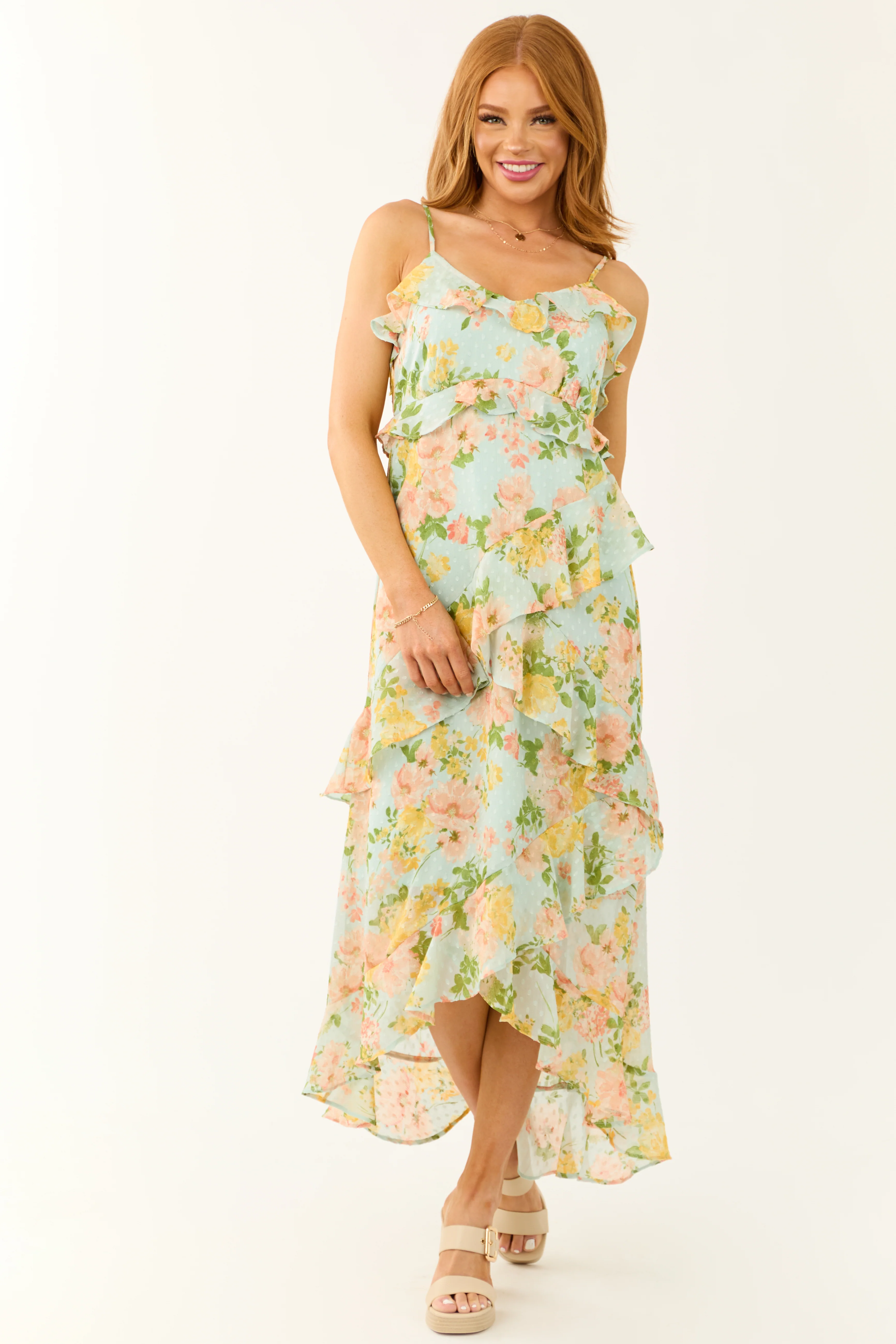 Arctic Blue Floral Clip Dot Ruffle Midi Dress - Image 3