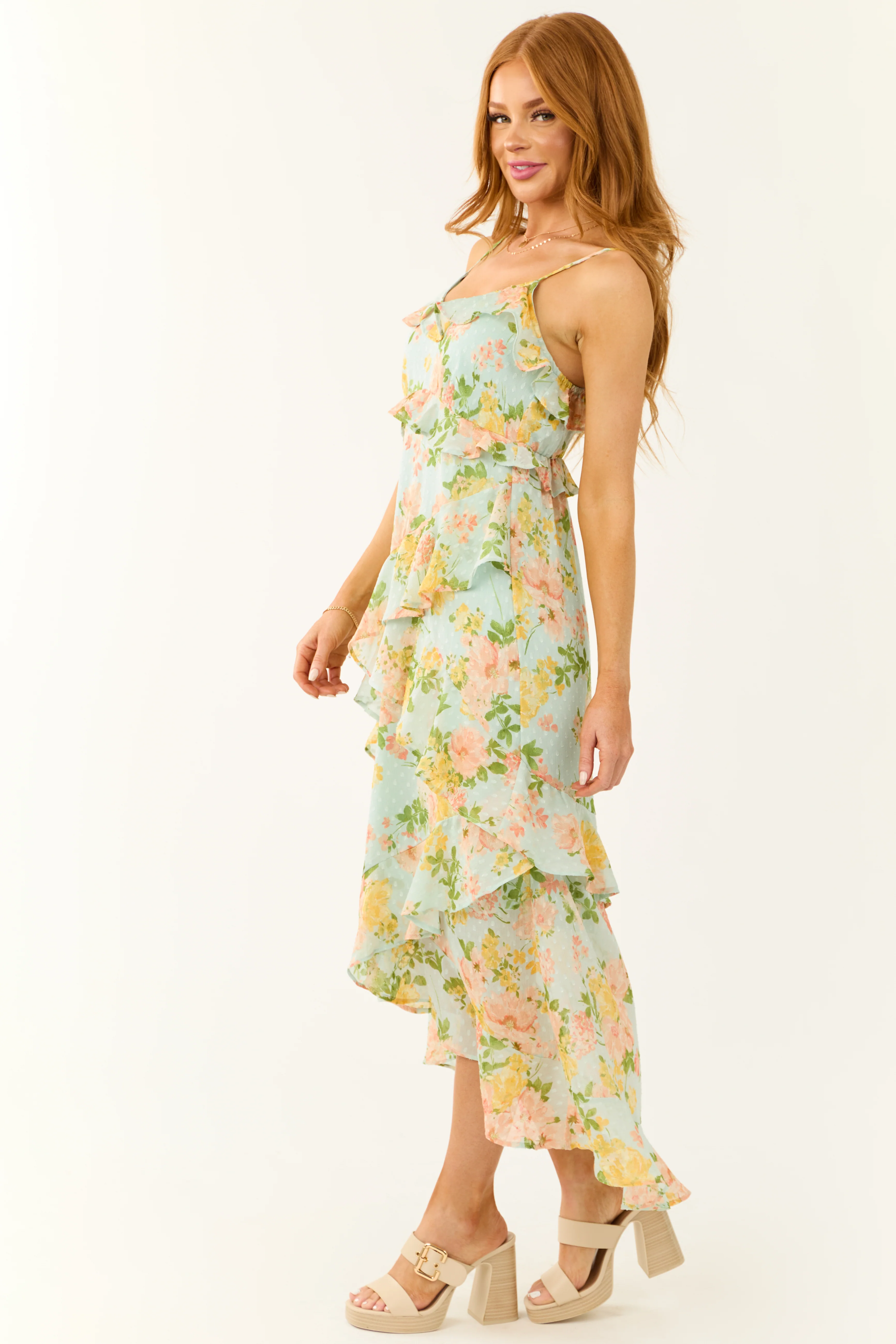 Arctic Blue Floral Clip Dot Ruffle Midi Dress - Image 4