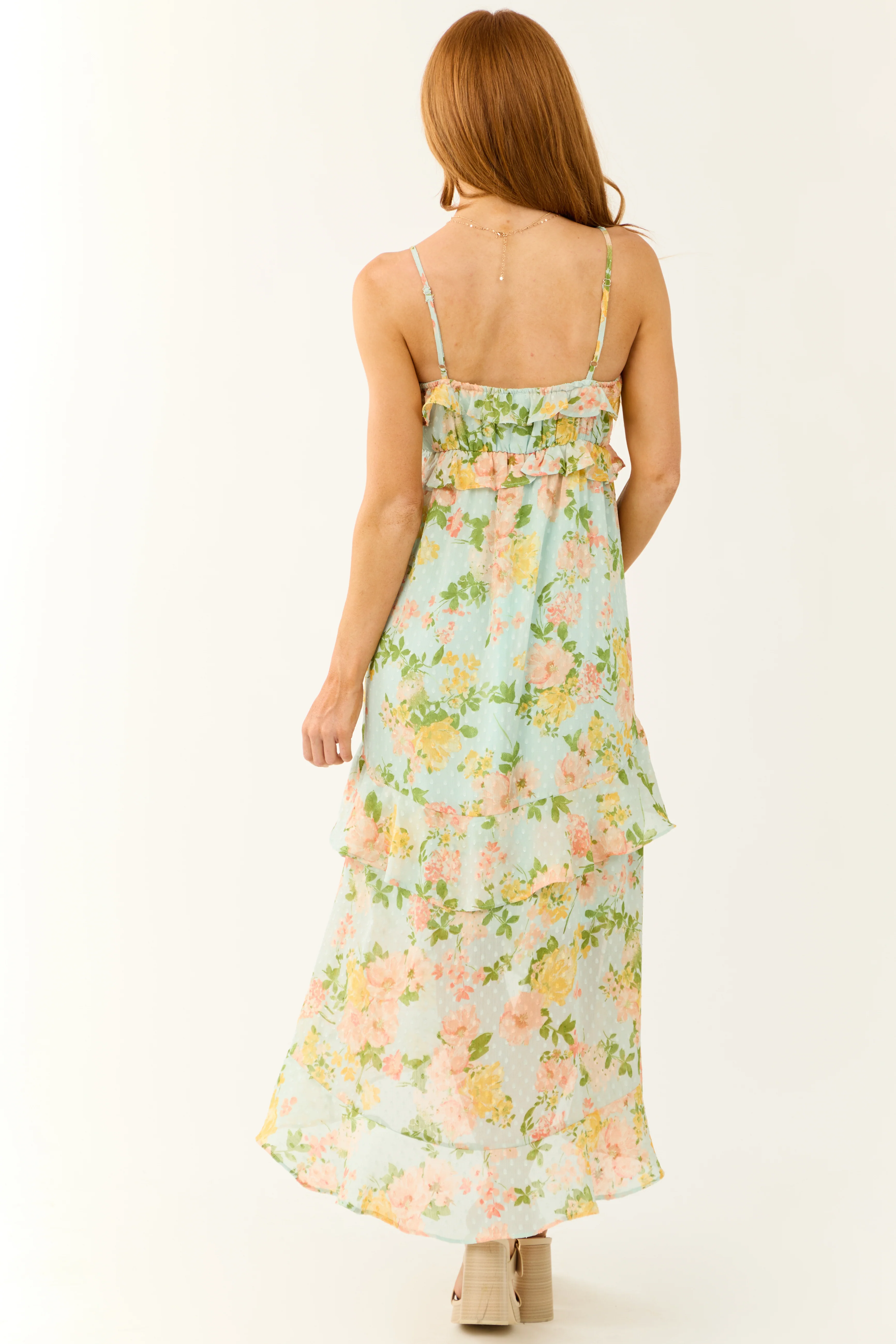 Arctic Blue Floral Clip Dot Ruffle Midi Dress - Image 5