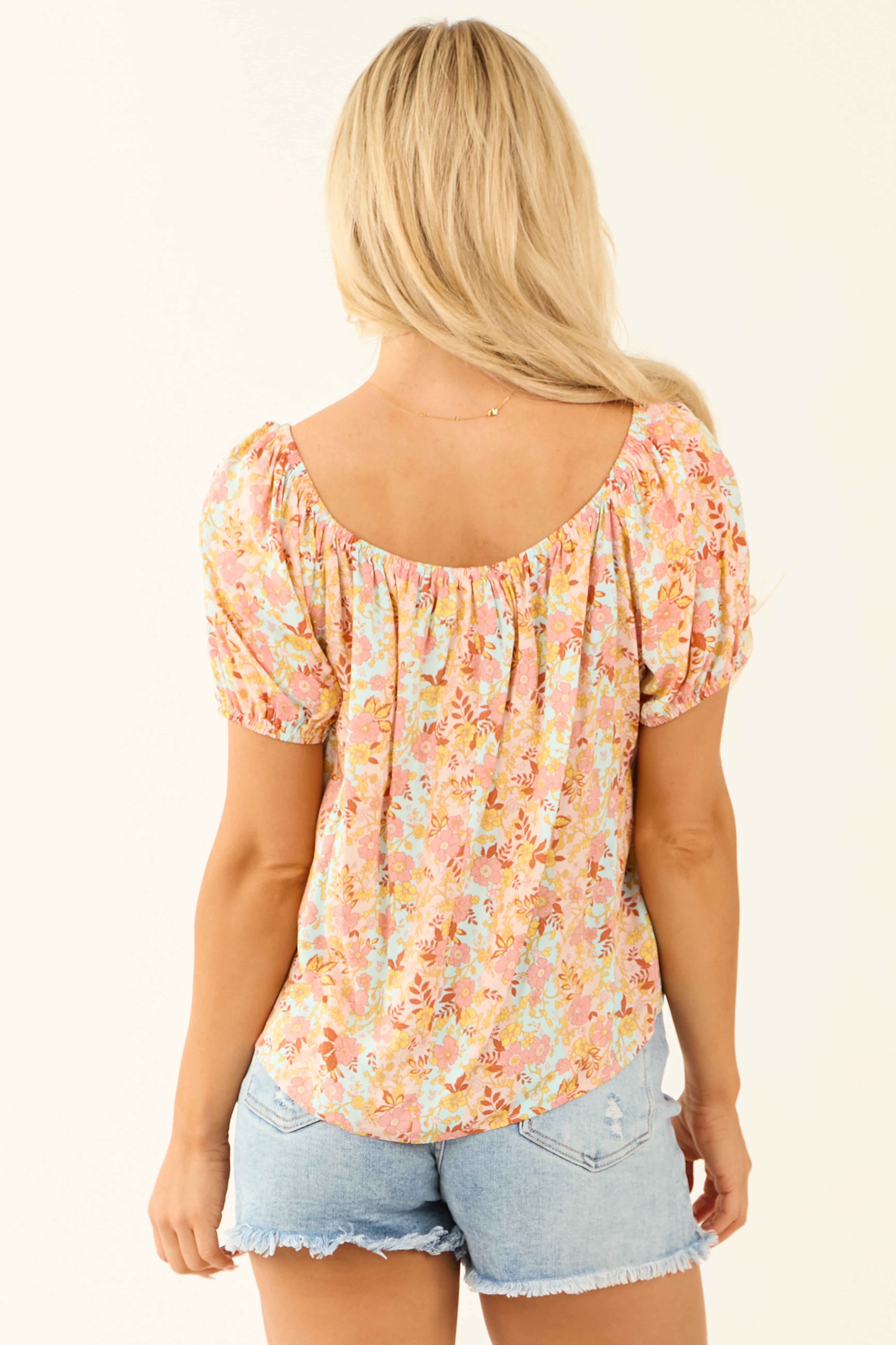 Arctic Blue Floral Print Puff Sleeve Babydoll Top - Image 6